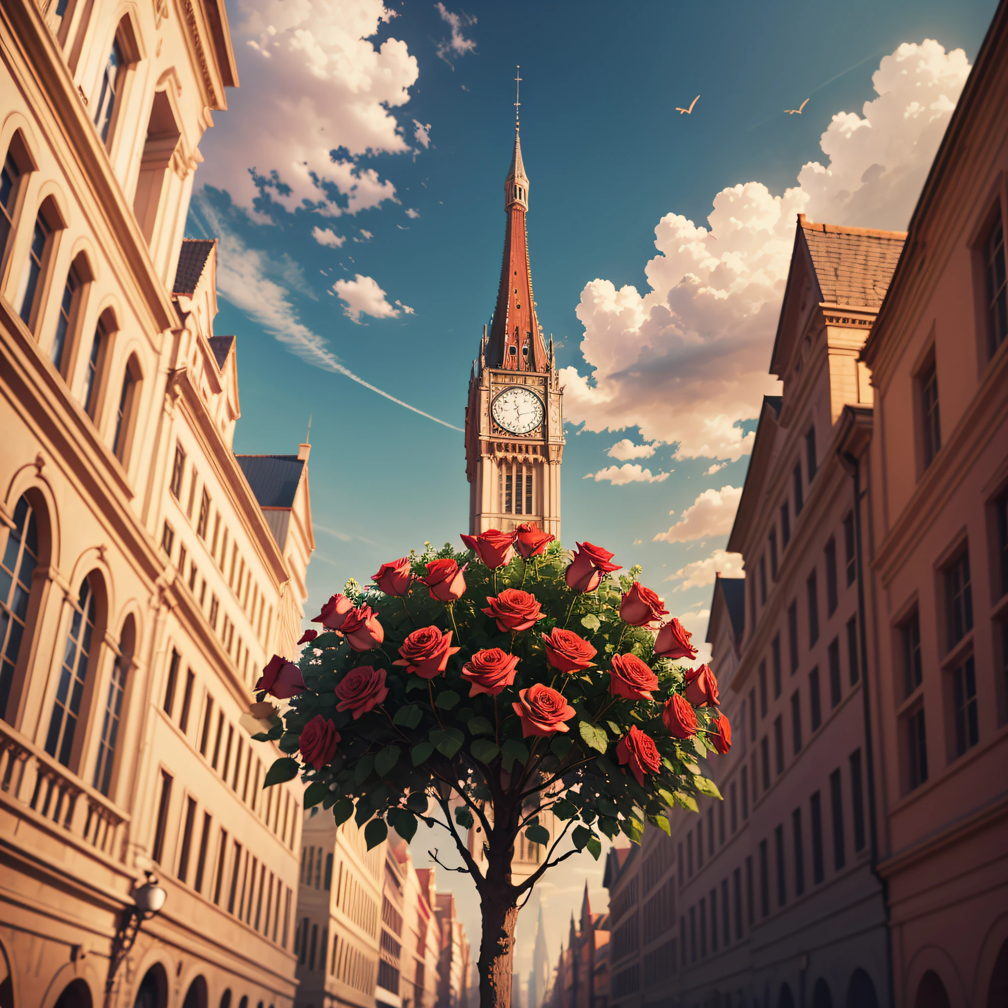 red roses in centre of the sky