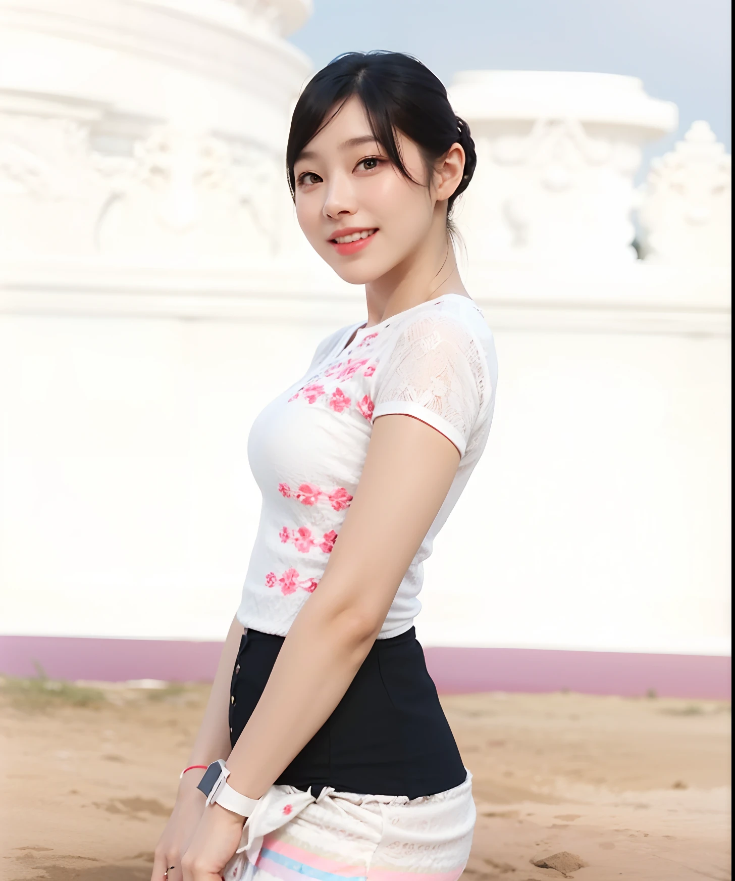 White t-shirt, big, deep cleavage, top quality, masterpiece, illustration, very delicate and beautiful, very detailed, cg, unity, 8k wallpaper, amazing, fine detail, highly detailed cg Unity 8K wallpaper, huge file size, very detailed, high resolution, handsome detail woman, very detailed eyes and face, wonderful detailed eyes, face light, (Best illustration: 1.1), ( Best Shadows: 1.1), Ultra High Resolution, (Photoreal: 1.1), (Photoreal: 1.2:1.1), Realistic Face Proportions, Slender, Smile, (Makeup: 0.4), (Fluffy Black Eyes: 1.21), Black Eyes, Lookout, Brown Hair, (Irregular Irregular Skin Imperfections, Veins, Skin Wrinkles: 1.2), (Dark Night Background: 1.2), (Bokeh: 1.4) 、