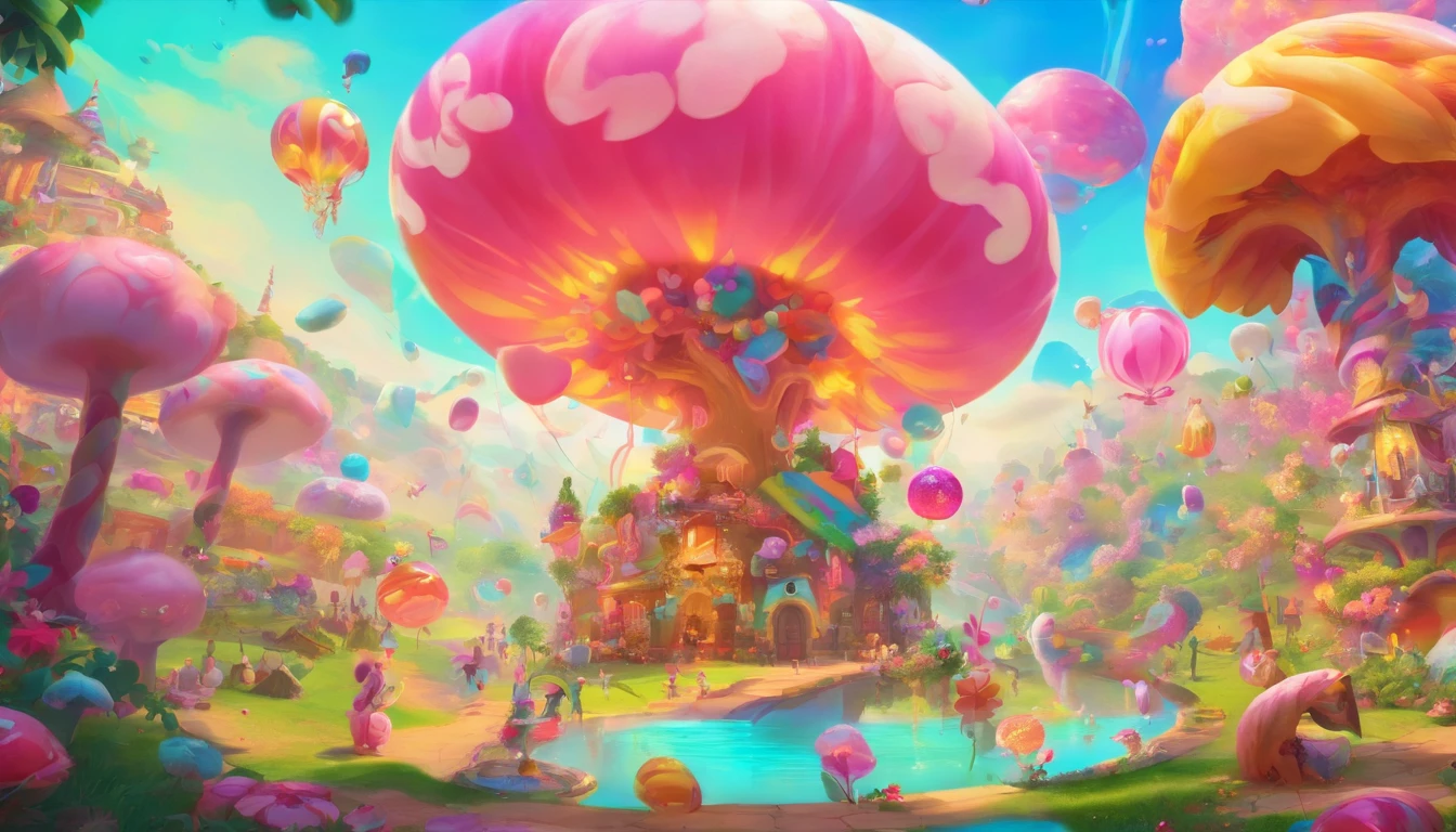 (cute:1.1,pink:1.1,aesthetic:1.2),whimsical fantasy land,large, [pastel colors], [soft lighting], [dreamy atmosphere], [fluffy clouds], [colorful balloons], [sparkling stars], [lush greenery], [giant mushrooms], [rolling hills], [butterflies], [bunny rabbits], [giggling fairies], [flowing waterfalls], [glimmering rainbow], [giggling girls], [gazing at the sunset], [twinkling lights], [delicate flowers], [enchanted castle], [magical creatures], [laughing unicorns], [singing birds], [dancing elephants], [fancy tea party], [candy-filled sky], [floating bubbles], [delicious sweets], [playful kittens], [whispering trees], [magical swings], [sentimental hidden spots], [giant lollipops], [giggling fountains], (realistic,photorealistic:1.37), (best quality,4k,8k,highres,masterpiece:1.2)