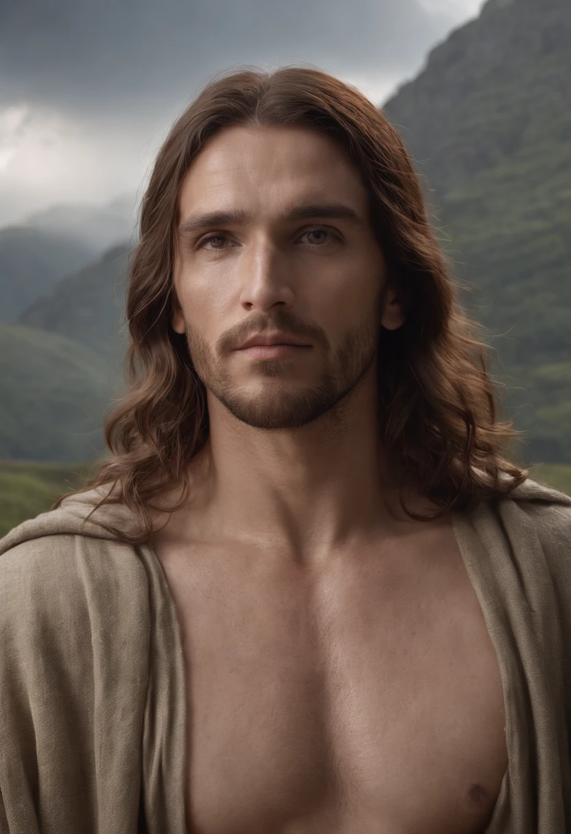 3D-rendering, Foto RAW, Jesus homem, Face with Jewish features, bra-prima, melhor qualidade, barroco, realista, 1man, armadura medieval branca, parte superior do corpo, espada de fogo, anjos ao fundo, efeito de profundidade olhando para o espectador, campo aberto, campo de batalha, olhos de raios, surrounded by lightning, grande musculatura, fotografia de corpo inteiro, flutuando no ar, série hbo, hyper-realistic master piece, alta qualidade, Absurdo, um cara, olhos e rosto detalhados, olhos de fogo, among the clouds, montanhas ao fundo, chuva de raios, epic atmosphere. ((lifelike lighting, Melhor qualidade, 8K, Obra-prima: 1.3)) Simulação RED EPIC-W 8K Helium Camera back to RED, Absurdo, melhor qualidade, Canon C200.