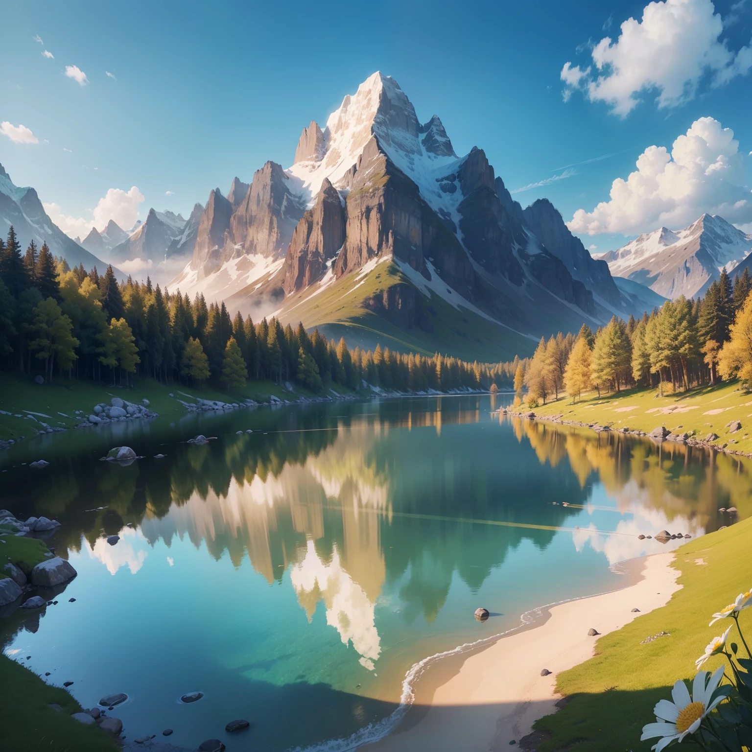 (best quality,4k,8k,highres,masterpiece:1.2),ultra-detailed,(realistic,photorealistic,photo-realistic:1.37),vibrant colors,sunlit scene,spring landscape,serene atmosphere,fresh blossoms,lush greenery,blooming flowers,colorful meadow,cascading waterfall,peaceful river,lively wildlife,butterflies fluttering,flowing streams,happy birds singing,gentle breeze,soft sunlight,faraway mountains,tranquil lake,reflection of the sky,clear blue skies,fluffy white clouds,rejuvenating atmosphere,harmonious scenery,serene mountainside,scenic viewpoint,invigorating spring air,carefree mood,leisurely stroll,adventurous exploration,tranquil escape,refreshing retreat,rediscovering nature,spring awakening.