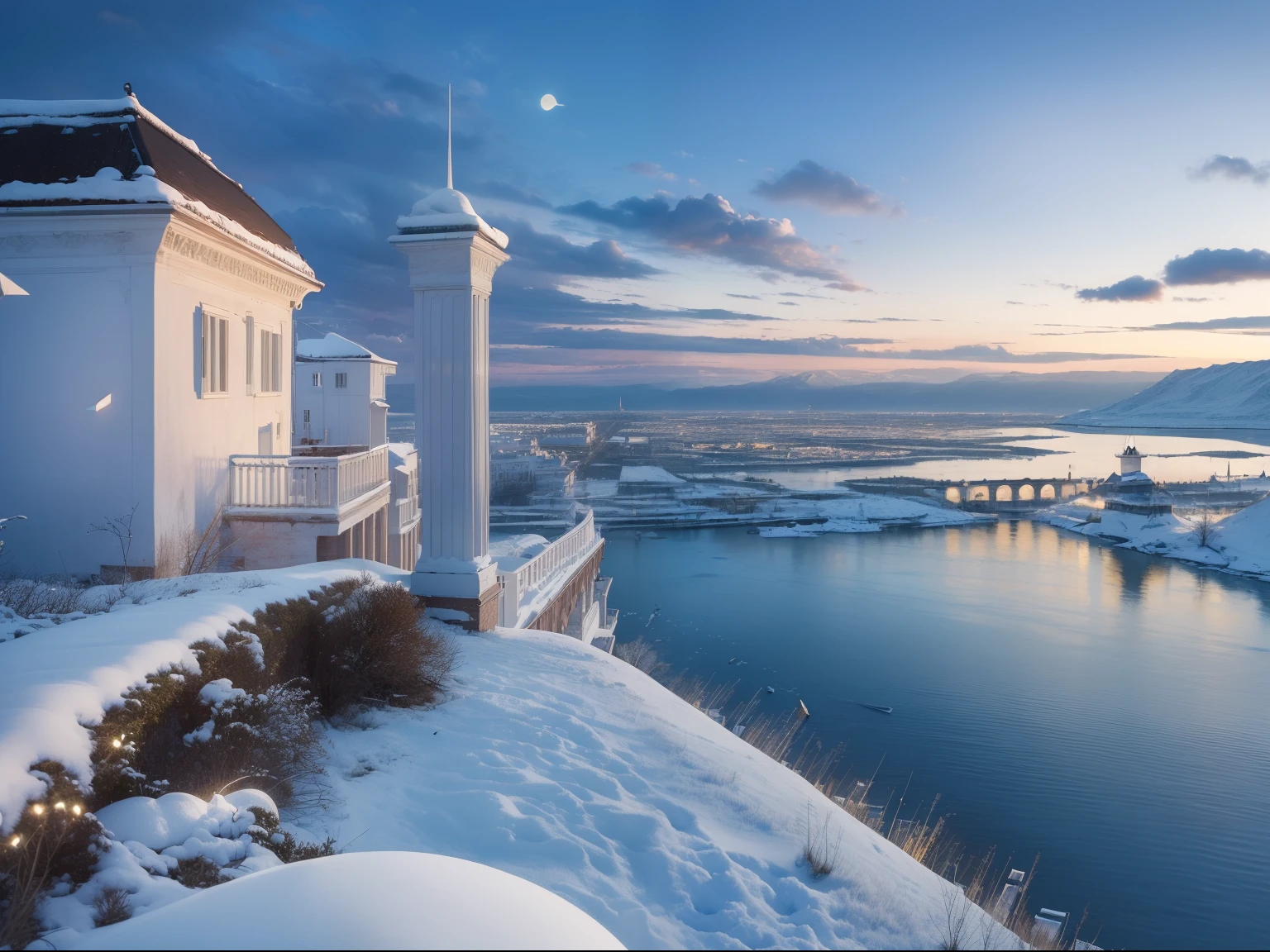 (​masterpiece:1.5), (top-quality:1.3), (realphoto), (Floating city), (White Nordic city:1.3), Elongated house, Duan々It is built on high pillars, There is a staircase that goes down from the building, (A slightly decayed town), Town at dusk, Beautiful sunset,