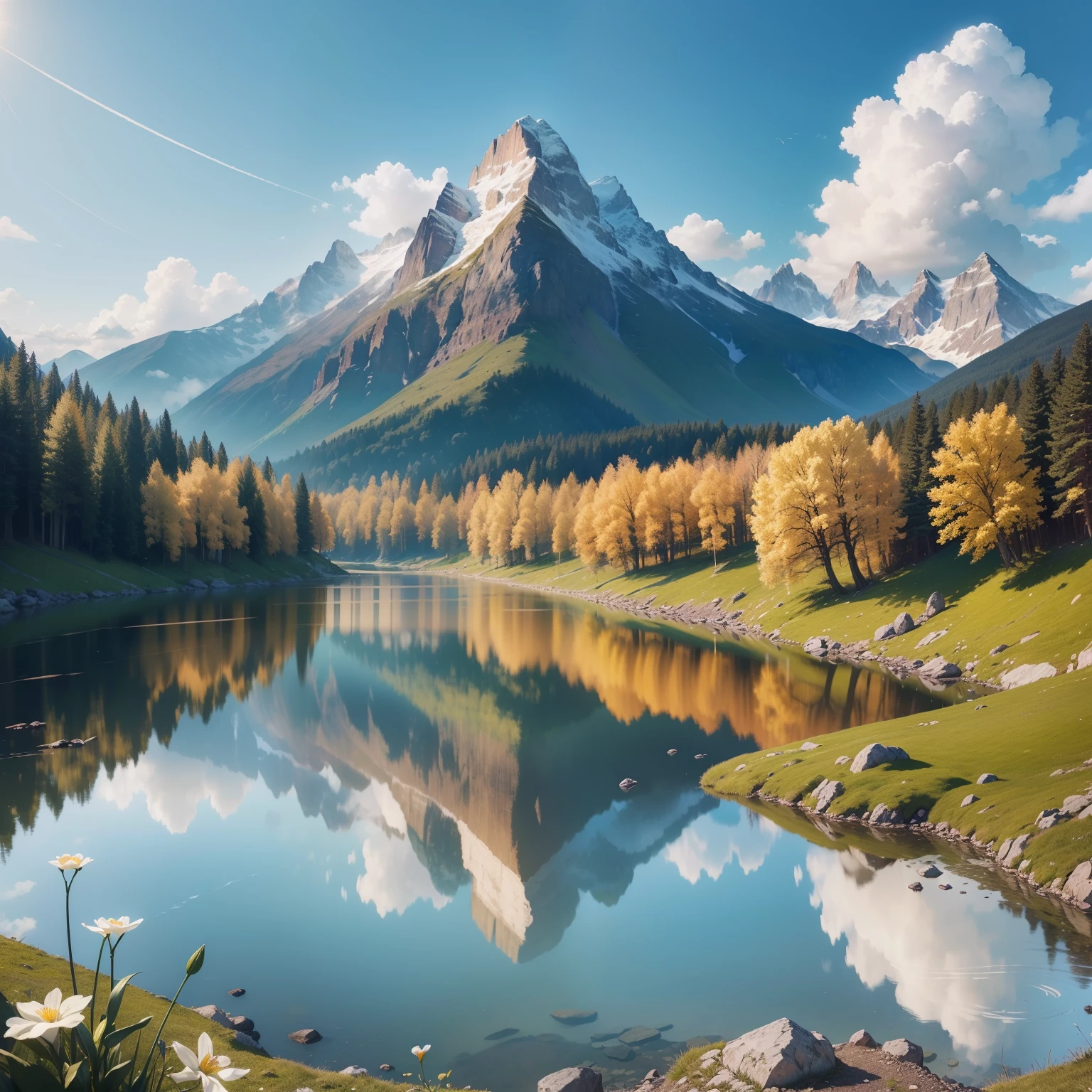 (best quality,4k,8k,highres,masterpiece:1.2),ultra-detailed,(realistic,photorealistic,photo-realistic:1.37),vibrant colors,sunlit scene,spring landscape,serene atmosphere,fresh blossoms,lush greenery,blooming flowers,colorful meadow,cascading waterfall,peaceful river,lively wildlife,butterflies fluttering,flowing streams,happy birds singing,gentle breeze,soft sunlight,faraway mountains,tranquil lake,reflection of the sky,clear blue skies,fluffy white clouds,rejuvenating atmosphere,harmonious scenery,serene mountainside,scenic viewpoint,invigorating spring air,carefree mood,leisurely stroll,adventurous exploration,tranquil escape,refreshing retreat,rediscovering nature,spring awakening.