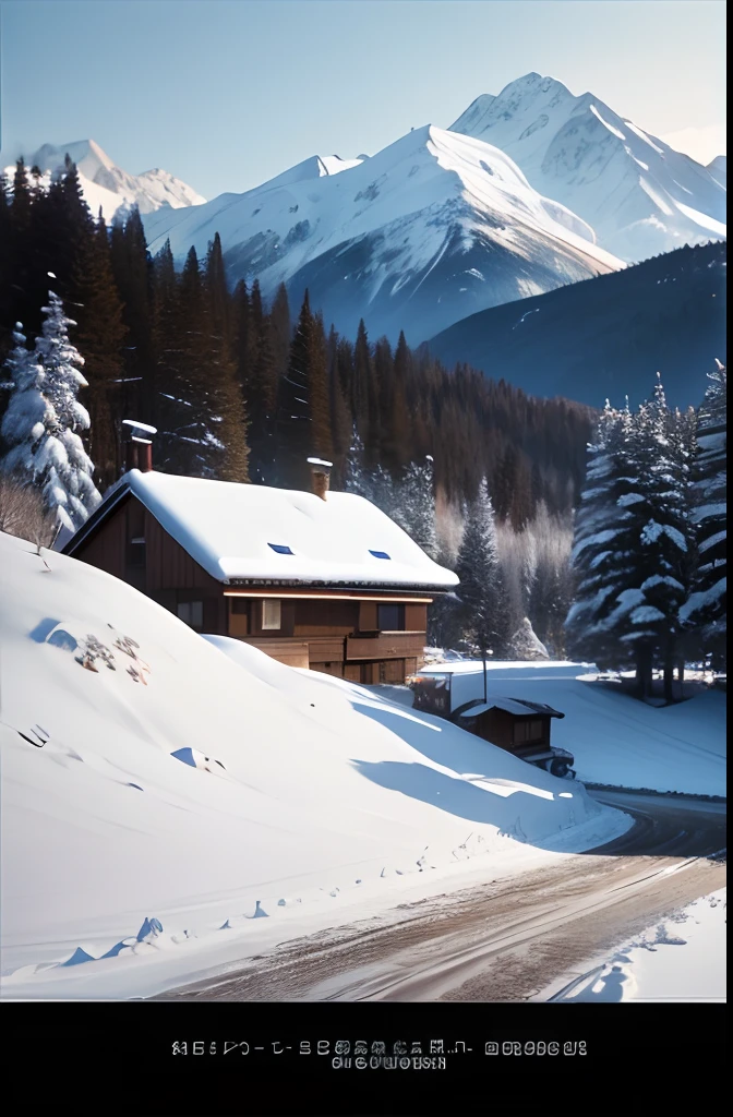 In the distance are majestic snow-capped mountains,Nearby is a pine tree,There is also snow piled on the trees,Chalet covered in snow,The sky is dark blue,4K Ultra HD, 超高分辨率, (Photorealistic: 1.4), Best quality,Masterpiece,(pastel colour:1.2)