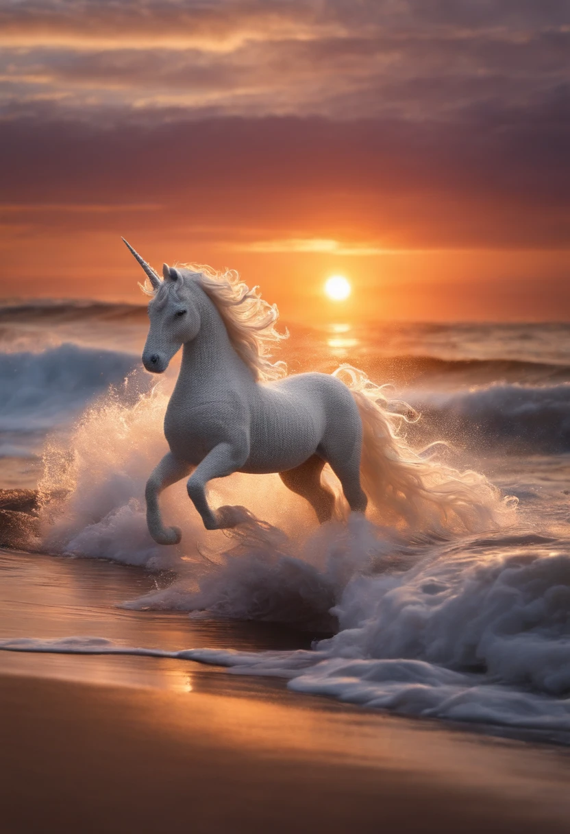 A knitted unicorn riding a wave at sunset