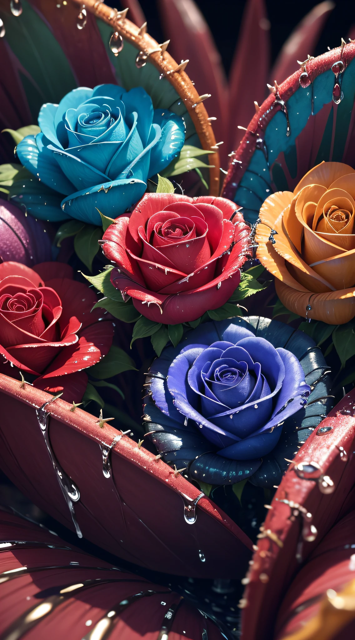 Macro 4K,Multicolored roses,water dripping