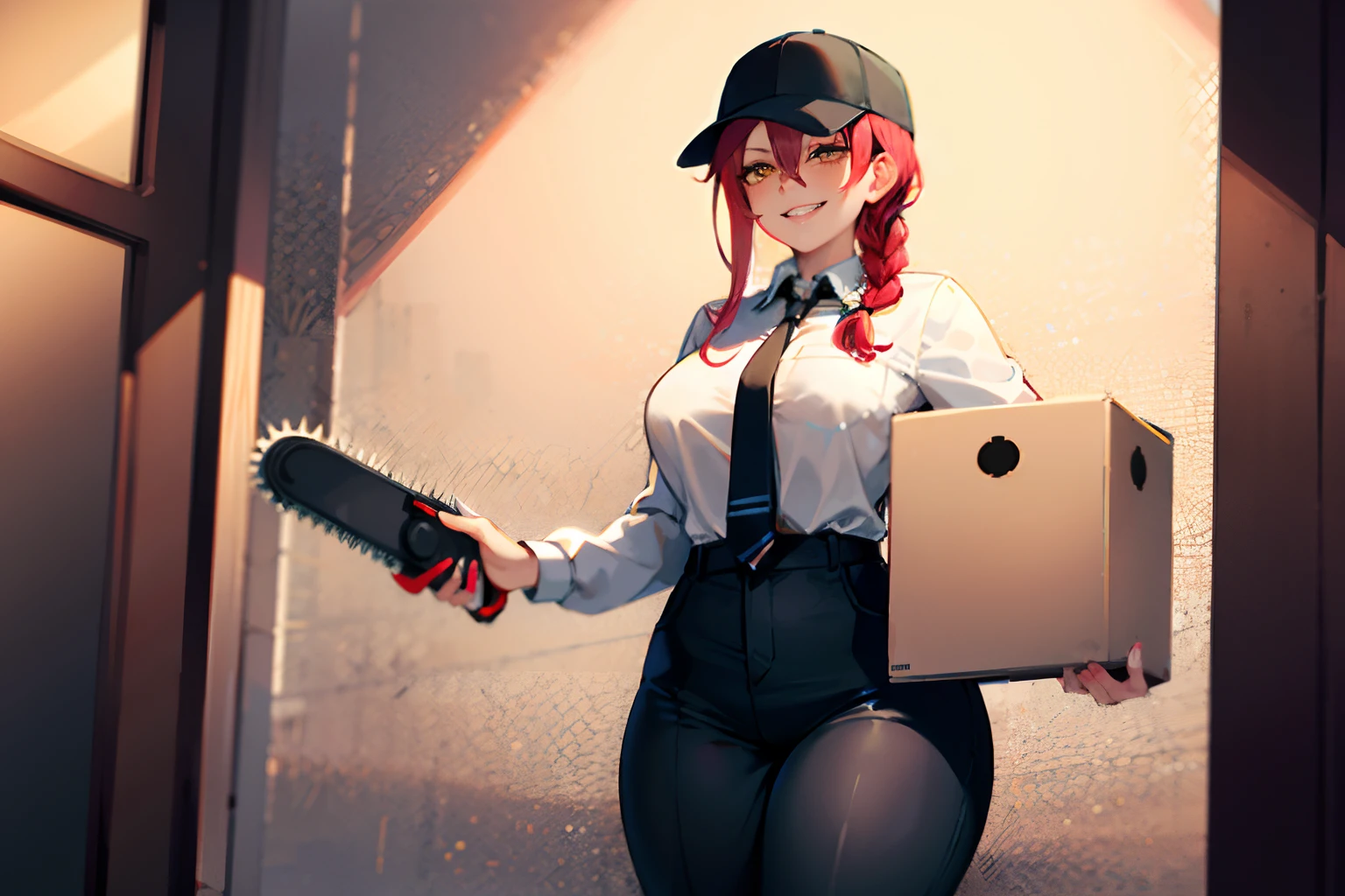 makima\(chainsaw man\), SADISTIC SMIRK, delivery hat, holding a big box, long sleeves, red hair, necktie, large breasts, solo, looking at viewer, thick thighs, pants, black pants, yellow eyes, 1girl, white shirt, braided ponytail, high-waist pants, shirt, braid, shirt tucked in, black necktie, collared shirt,