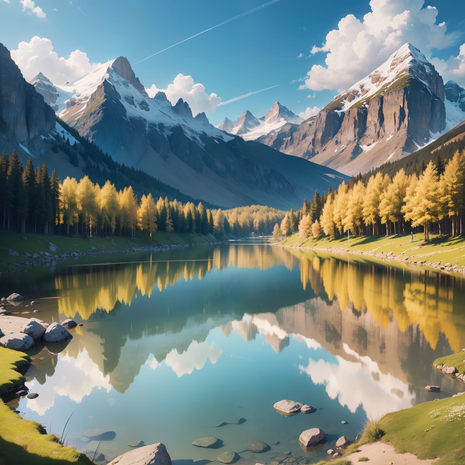 (best quality,4k,8k,highres,masterpiece:1.2),ultra-detailed,(realistic,photorealistic,photo-realistic:1.37),vibrant colors,sunlit scene,spring landscape,serene atmosphere,fresh blossoms,lush greenery,blooming flowers,colorful meadow,cascading waterfall,peaceful river,lively wildlife,butterflies fluttering,flowing streams,happy birds singing,gentle breeze,soft sunlight,faraway mountains,tranquil lake,reflection of the sky,clear blue skies,fluffy white clouds,rejuvenating atmosphere,harmonious scenery,serene mountainside,scenic viewpoint,invigorating spring air,carefree mood,leisurely stroll,adventurous exploration,tranquil escape,refreshing retreat,rediscovering nature,spring awakening.