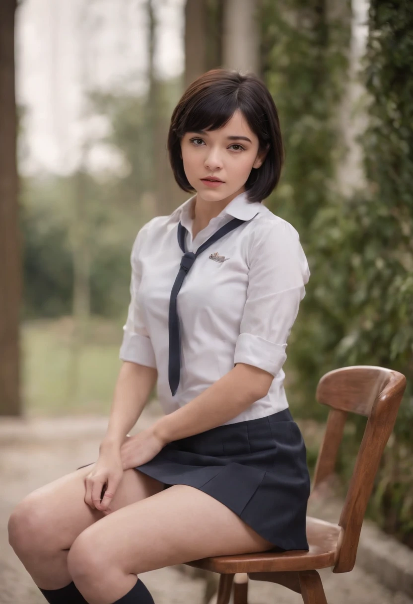 a  girl, short black hair, wearing a school uniform, medium breasts, not wearing panties, sitting on a chair spreading her legs, naked