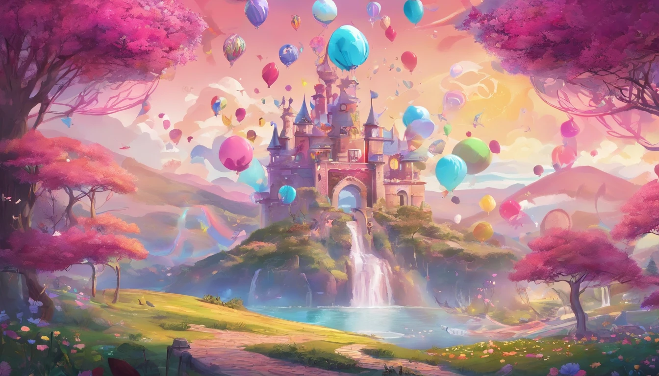 (cute:1.1,pink:1.1,aesthetic:1.2),whimsical fantasy land,large, [pastel colors], [soft lighting], [dreamy atmosphere], [fluffy clouds], [colorful balloons], [sparkling stars], [lush greenery], [giant mushrooms], [rolling hills], [butterflies], [bunny rabbits], [giggling fairies], [flowing waterfalls], [glimmering rainbow], [giggling girls], [gazing at the sunset], [twinkling lights], [delicate flowers], [enchanted castle], [magical creatures], [laughing unicorns], [singing birds], [dancing elephants], [fancy tea party], [candy-filled sky], [floating bubbles], [delicious sweets], [playful kittens], [whispering trees], [magical swings], [sentimental hidden spots], [giant lollipops], [giggling fountains], (realistic,photorealistic:1.37), (best quality,4k,8k,highres,masterpiece:1.2)
