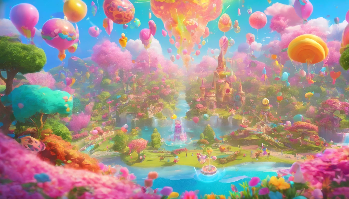 (cute:1.1,pink:1.1,aesthetic:1.2),whimsical fantasy land,large, [pastel colors], [soft lighting], [dreamy atmosphere], [fluffy clouds], [colorful balloons], [sparkling stars], [lush greenery], [giant mushrooms], [rolling hills], [butterflies], [bunny rabbits], [giggling fairies], [flowing waterfalls], [glimmering rainbow], [giggling girls], [gazing at the sunset], [twinkling lights], [delicate flowers], [enchanted castle], [magical creatures], [laughing unicorns], [singing birds], [dancing elephants], [fancy tea party], [candy-filled sky], [floating bubbles], [delicious sweets], [playful kittens], [whispering trees], [magical swings], [sentimental hidden spots], [giant lollipops], [giggling fountains], (realistic,photorealistic:1.37), (best quality,4k,8k,highres,masterpiece:1.2)