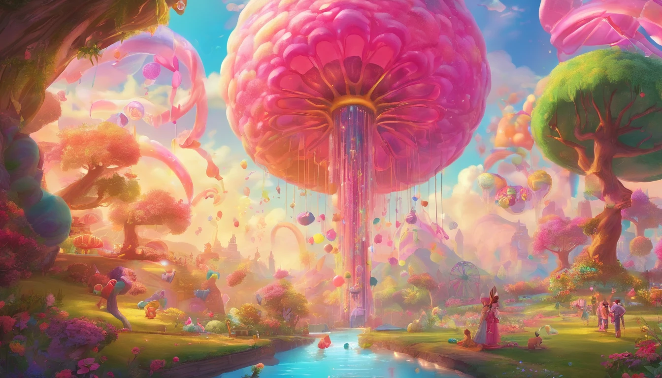 (cute:1.1,pink:1.1,aesthetic:1.2),whimsical fantasy land,large, [pastel colors], [soft lighting], [dreamy atmosphere], [fluffy clouds], [colorful balloons], [sparkling stars], [lush greenery], [giant mushrooms], [rolling hills], [butterflies], [bunny rabbits], [giggling fairies], [flowing waterfalls], [glimmering rainbow], [giggling girls], [gazing at the sunset], [twinkling lights], [delicate flowers], [enchanted castle], [magical creatures], [laughing unicorns], [singing birds], [dancing elephants], [fancy tea party], [candy-filled sky], [floating bubbles], [delicious sweets], [playful kittens], [whispering trees], [magical swings], [sentimental hidden spots], [giant lollipops], [giggling fountains], (realistic,photorealistic:1.37), (best quality,4k,8k,highres,masterpiece:1.2)