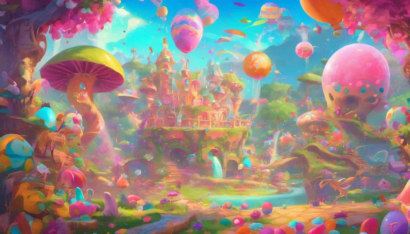 (cute:1.1,pink:1.1,aesthetic:1.2),whimsical fantasy land,large, [pastel colors], [soft lighting], [dreamy atmosphere], [fluffy clouds], [colorful balloons], [sparkling stars], [lush greenery], [giant mushrooms], [rolling hills], [butterflies], [bunny rabbits], [giggling fairies], [flowing waterfalls], [glimmering rainbow], [giggling girls], [gazing at the sunset], [twinkling lights], [delicate flowers], [enchanted castle], [magical creatures], [laughing unicorns], [singing birds], [dancing elephants], [fancy tea party], [candy-filled sky], [floating bubbles], [delicious sweets], [playful kittens], [whispering trees], [magical swings], [sentimental hidden spots], [giant lollipops], [giggling fountains], (realistic,photorealistic:1.37), (best quality,4k,8k,highres,masterpiece:1.2)