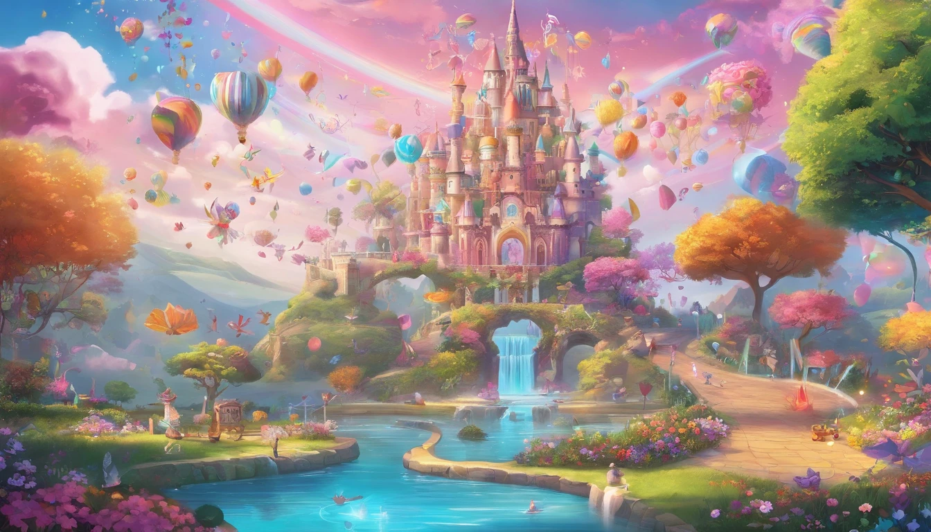(cute:1.1,pink:1.1,aesthetic:1.2),whimsical fantasy land,large, [pastel colors], [soft lighting], [dreamy atmosphere], [fluffy clouds], [colorful balloons], [sparkling stars], [lush greenery], [giant mushrooms], [rolling hills], [butterflies], [bunny rabbits], [giggling fairies], [flowing waterfalls], [glimmering rainbow], [giggling girls], [gazing at the sunset], [twinkling lights], [delicate flowers], [enchanted castle], [magical creatures], [laughing unicorns], [singing birds], [dancing elephants], [fancy tea party], [candy-filled sky], [floating bubbles], [delicious sweets], [playful kittens], [whispering trees], [magical swings], [sentimental hidden spots], [giant lollipops], [giggling fountains], (realistic,photorealistic:1.37), (best quality,4k,8k,highres,masterpiece:1.2)