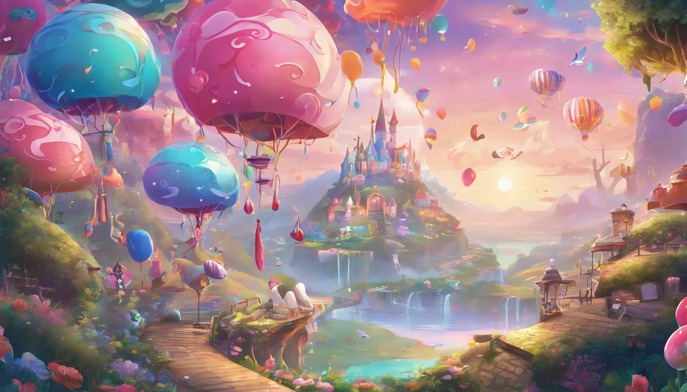 (cute:1.1,pink:1.1,aesthetic:1.2),whimsical fantasy land,large, [pastel colors], [soft lighting], [dreamy atmosphere], [fluffy clouds], [colorful balloons], [sparkling stars], [lush greenery], [giant mushrooms], [rolling hills], [butterflies], [bunny rabbits], [giggling fairies], [flowing waterfalls], [glimmering rainbow], [giggling girls], [gazing at the sunset], [twinkling lights], [delicate flowers], [enchanted castle], [magical creatures], [laughing unicorns], [singing birds], [dancing elephants], [fancy tea party], [candy-filled sky], [floating bubbles], [delicious sweets], [playful kittens], [whispering trees], [magical swings], [sentimental hidden spots], [giant lollipops], [giggling fountains], (realistic,photorealistic:1.37), (best quality,4k,8k,highres,masterpiece:1.2)
