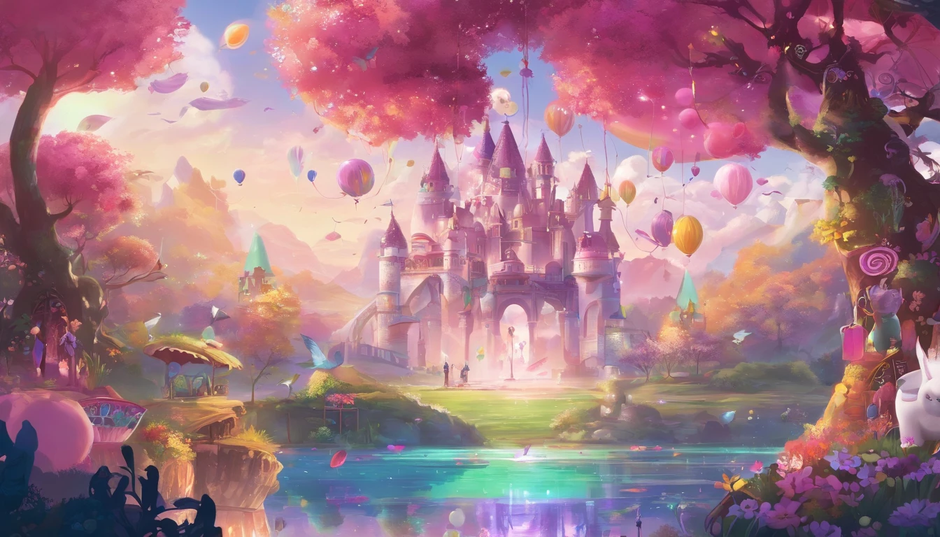 (cute:1.1,pink:1.1,aesthetic:1.2),whimsical fantasy land,large, [pastel colors], [soft lighting], [dreamy atmosphere], [fluffy clouds], [colorful balloons], [sparkling stars], [lush greenery], [giant mushrooms], [rolling hills], [butterflies], [bunny rabbits], [giggling fairies], [flowing waterfalls], [glimmering rainbow], [giggling girls], [gazing at the sunset], [twinkling lights], [delicate flowers], [enchanted castle], [magical creatures], [laughing unicorns], [singing birds], [dancing elephants], [fancy tea party], [candy-filled sky], [floating bubbles], [delicious sweets], [playful kittens], [whispering trees], [magical swings], [sentimental hidden spots], [giant lollipops], [giggling fountains], (realistic,photorealistic:1.37), (best quality,4k,8k,highres,masterpiece:1.2)