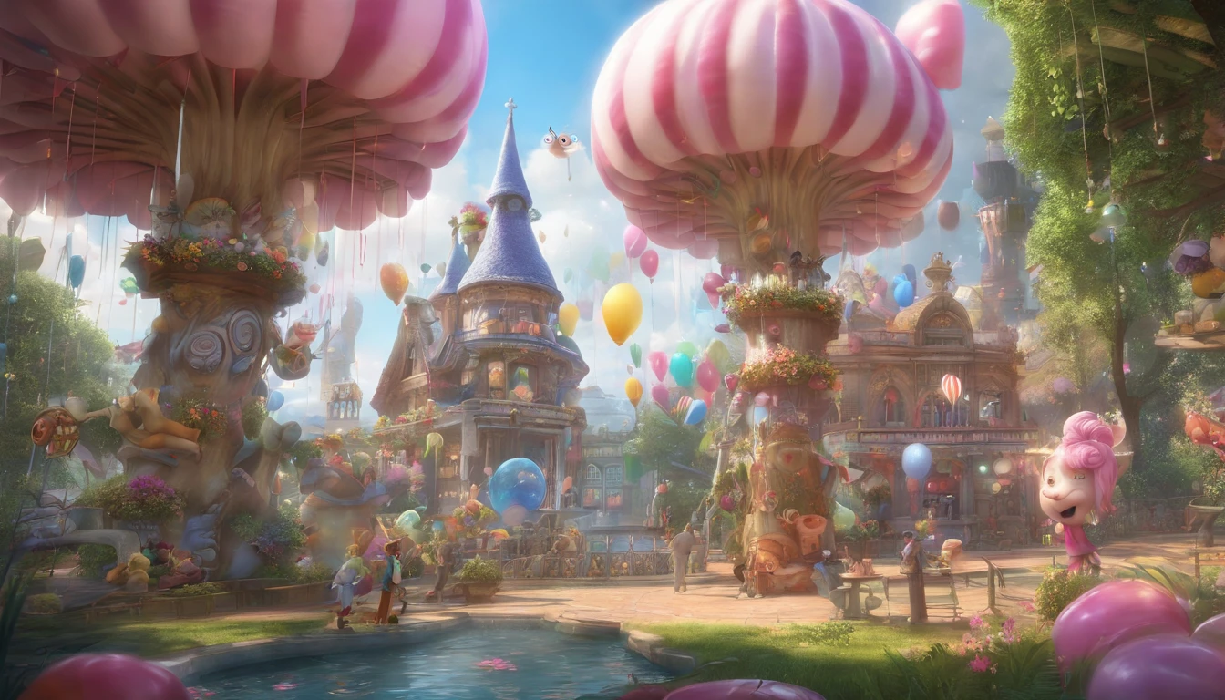 (cute:1.1,pink:1.1,aesthetic:1.2),whimsical fantasy land,large, [pastel colors], [soft lighting], [dreamy atmosphere], [fluffy clouds], [colorful balloons], [sparkling stars], [lush greenery], [giant mushrooms], [rolling hills], [butterflies], [bunny rabbits], [giggling fairies], [flowing waterfalls], [glimmering rainbow], [giggling girls], [gazing at the sunset], [twinkling lights], [delicate flowers], [enchanted castle], [magical creatures], [laughing unicorns], [singing birds], [dancing elephants], [fancy tea party], [candy-filled sky], [floating bubbles], [delicious sweets], [playful kittens], [whispering trees], [magical swings], [sentimental hidden spots], [giant lollipops], [giggling fountains], (realistic,photorealistic:1.37), (best quality,4k,8k,highres,masterpiece:1.2)