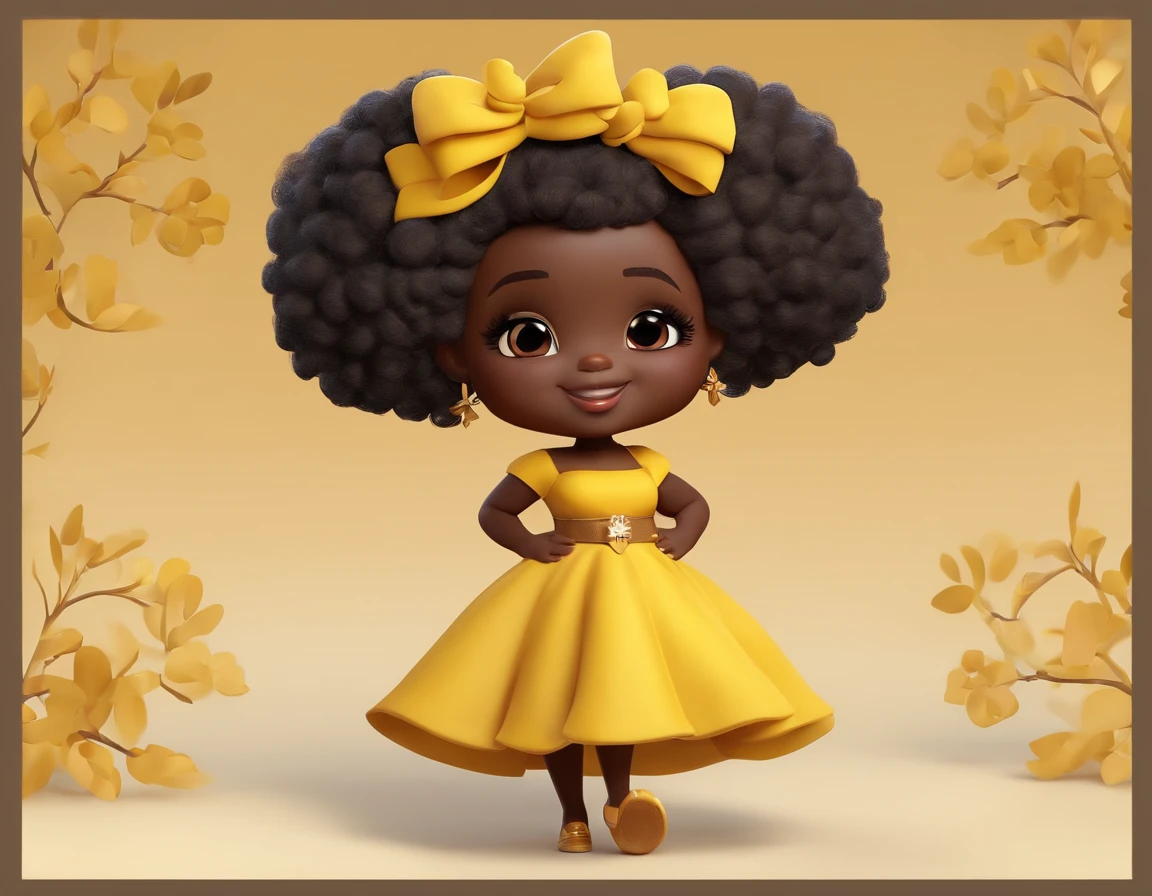 3D design, afro girl, black skin, full body, chibi style, pixar, small, smiling, yellow dress, adorable, black curly hair with bow, childish, small body, feminine colors, no oriental features