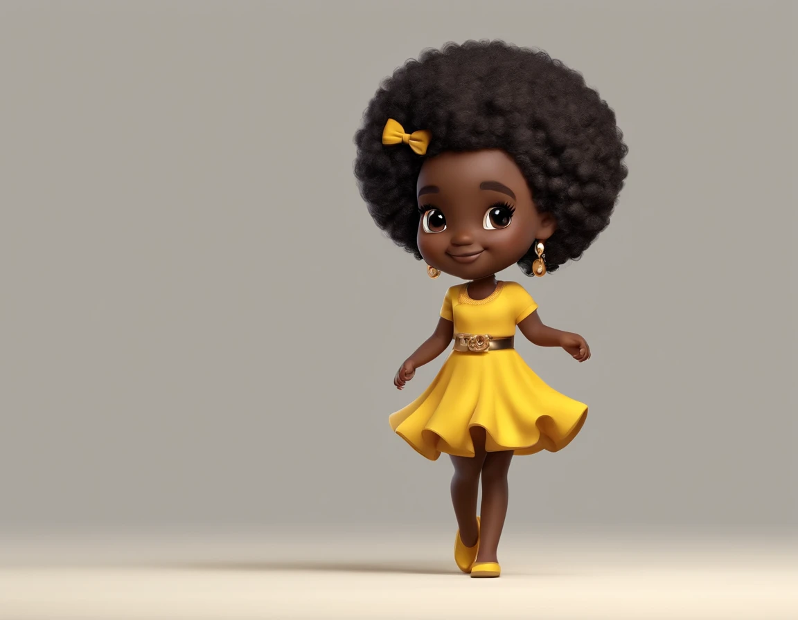 3D design, afro girl, black skin, full body, chibi style, pixar, small, smiling, yellow dress, adorable, black curly hair with bow, childish, small body, feminine colors, no oriental features