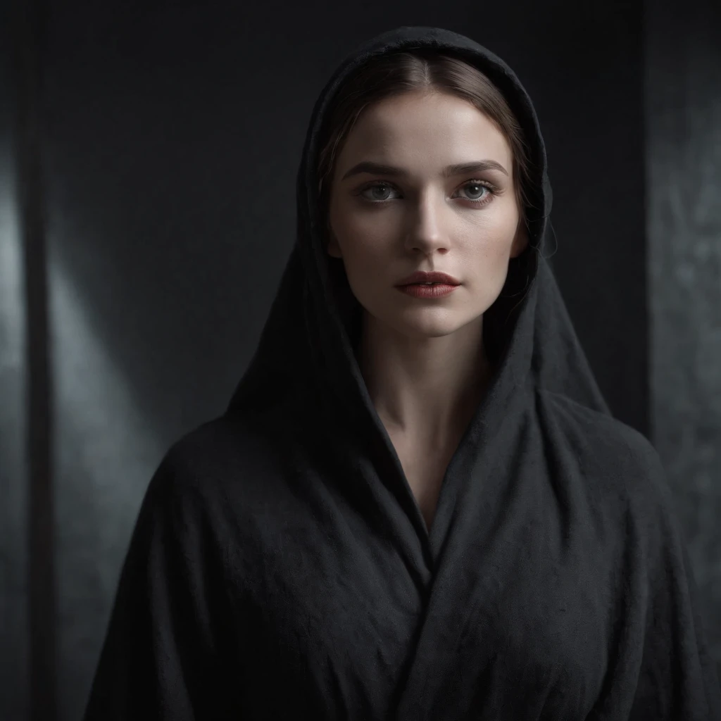 (best quality,4k,highres,masterpiece:1.2),ultra-detailed,realistic:1.37,photorealistic,portrait,dark mood,black and white,subtle colors,dramatic lighting,hooded robe,candle,wrapped face,mummy,atmospheric,artistic,haunting,ethereal,studio lighting,sketch-like,detailed fabric texture,carefully crafted folds,ominous backdrop,tension and mystery,creepy,symbolic,introspective,contrast of light and shadow,emotive,calm yet eerie,striking composition,vivid eyes,vivid lips,subtle emotion,engaging,powerful presence,eye-catching,dynamic pose,black background.