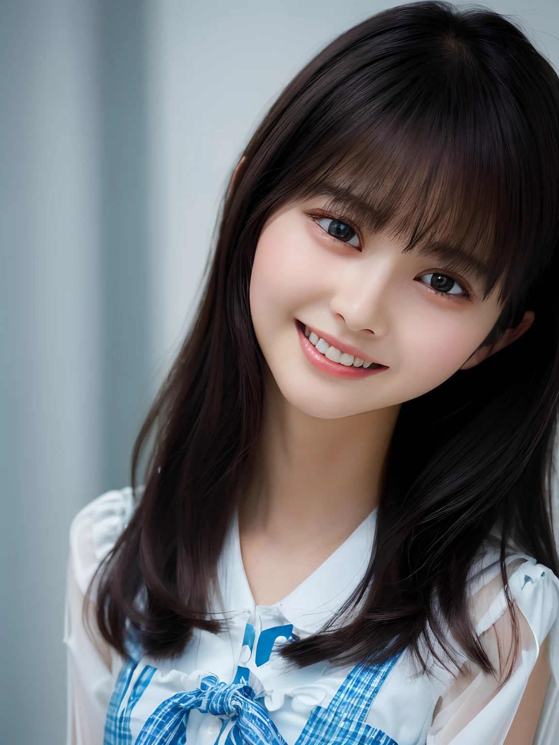 Masterpiece, Best quality, 8K, 15year old, Teenage uncensored, RAW photo, absurderes, award winning portrait, Smile, Smile, Solo, Night, neonlight, Idol face, violaceaess, gardeniass, Delicate girl,  Digital SLR, view the viewer, candid, Sophisticated, Youthful, Thin arms, Professional lighting, filmgrain, color difference, (ultra-realistic realism)、(illustratio)、(A high resolution)、(8K)、(The is very detailed)、(Best Illustration)、(Beautifully detailed eyes)、(top-quality)、(ultra - detailed)、(tmasterpiece)、(the wallpaper）、（A detailed face）、独奏、1 girl in、looking at viewert、finedetail、A detailed face、in the darkness nigth、deep shading、low tune、pureerosfaceace_V1、A smile、Long、Black shawl straight hair、46-point diagonal bangs,　（Silk dress、Long skirt）(cropped shoulders）The view of the castle、、Stand against the wall(Detailed eyes and face:1.0), (Bokeh:1.1)