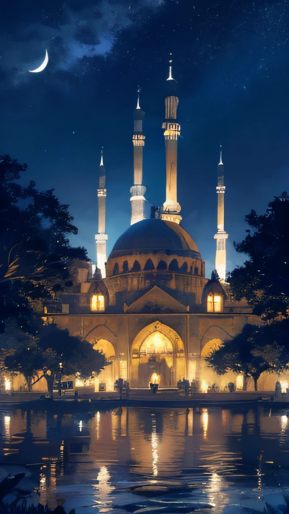 hagia shophia mosque, muslim, hijab, islam, As twilight blankets the realm, the heavens come alive with a celestial spectacle. Countless stars twinkle like shimmering diamonds, their ethereal glow casting a soft illumination upon the landscape. The moon, radiant and full, bathes everything in a gentle silver light, accentuating the enchantment that lies within. At the heart of the composition stands a majestic mechanical frog—a testament to both artistry and engineering prowess. Crafted with meticulous detail, its metallic frame gleams in the moonlight, adorned with ornate patterns and intricate engravings. Gears and mechanisms intertwine seamlessly, bringing the creature to life with graceful movements. a mesmerizing marvel of human innovation and imagination. Mosque adorned with neon lights reach towards the heavens, their vibrant hues painting the night sky with a kaleidoscope of colors. Tiny windows flicker like stars, revealing glimpses of bustling activity within the city's vibrant streets. As the mechanical frog traverses the landscape, its steps create a gentle rhythmic hum that reverberates through the air—a symphony of wonder and possibility. Each hop is a delicate dance, leaving behind a trail of glittering stardust that twinkles like a celestial pathway. The surrounding environment is a harmonious blend of nature and fantasy. Lush greenery and blooming flowers flourish beneath the moon's gentle gaze, their petals embracing the night with delicate fragrances. Majestic trees, their branches adorned with luminescent moss, stand sentinel, casting surreal shadows upon the landscape. A winding river meanders through the scene, its waters mirroring the starry spectacle above. It whispers secrets as it flows, weaving a tale that only those who listen closely can understand. Along its banks, fireflies illuminate the darkness with their gentle glow