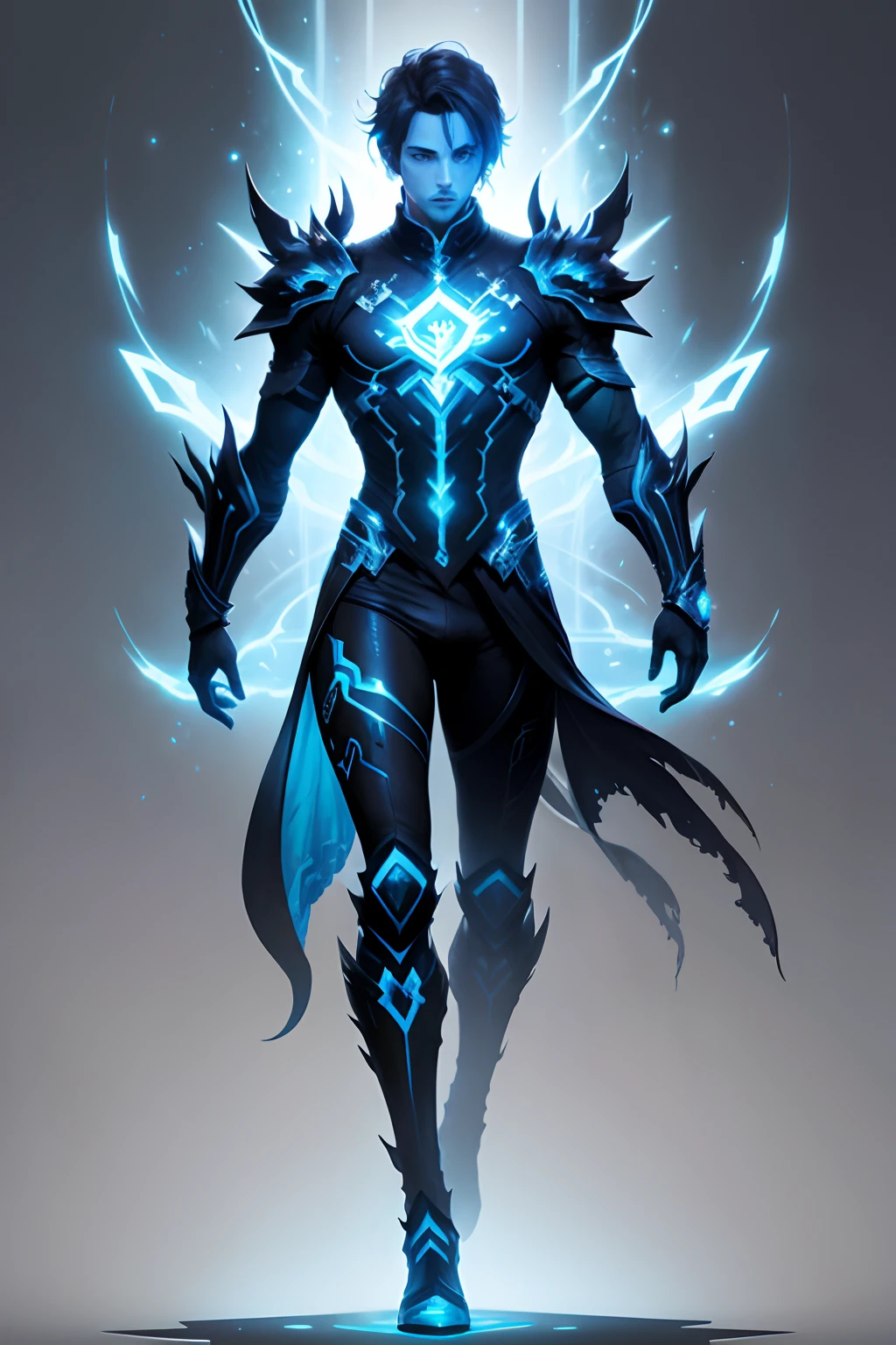 schematic and detailed drawing of modern hero with water magic in different projections, Artist reference, Full-length image with demonstration of abilities, text board