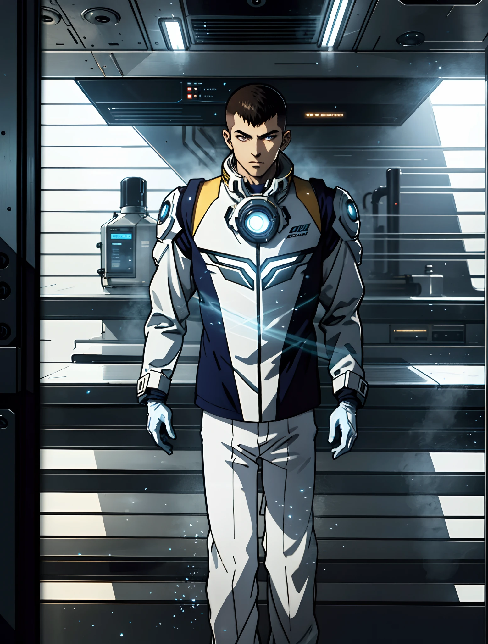 A man with a crew cut, a calm and rational expression, a wise gaze, wears a futuristic scientist's coat, primarily in shades of white, accented by touches of blue and purple, matching utility pants, standing in a mysterious laboratory of an ancient and advanced civilization, with a high-tech incubation tank emitting a faint glow in the background, this character embodies a finely crafted a futuristic sci-fi scientist in anime style, characterized by an exquisite and mature manga illustration art style, high definition, best quality, highres, ultra-detailed, ultra-fine painting, extremely delicate, professional, anatomically correct, symmetrical face, extremely detailed eyes and face, high quality eyes, creativity, RAW photo, UHD, 8k, Natural light, cinematic lighting, masterpiece:1.5