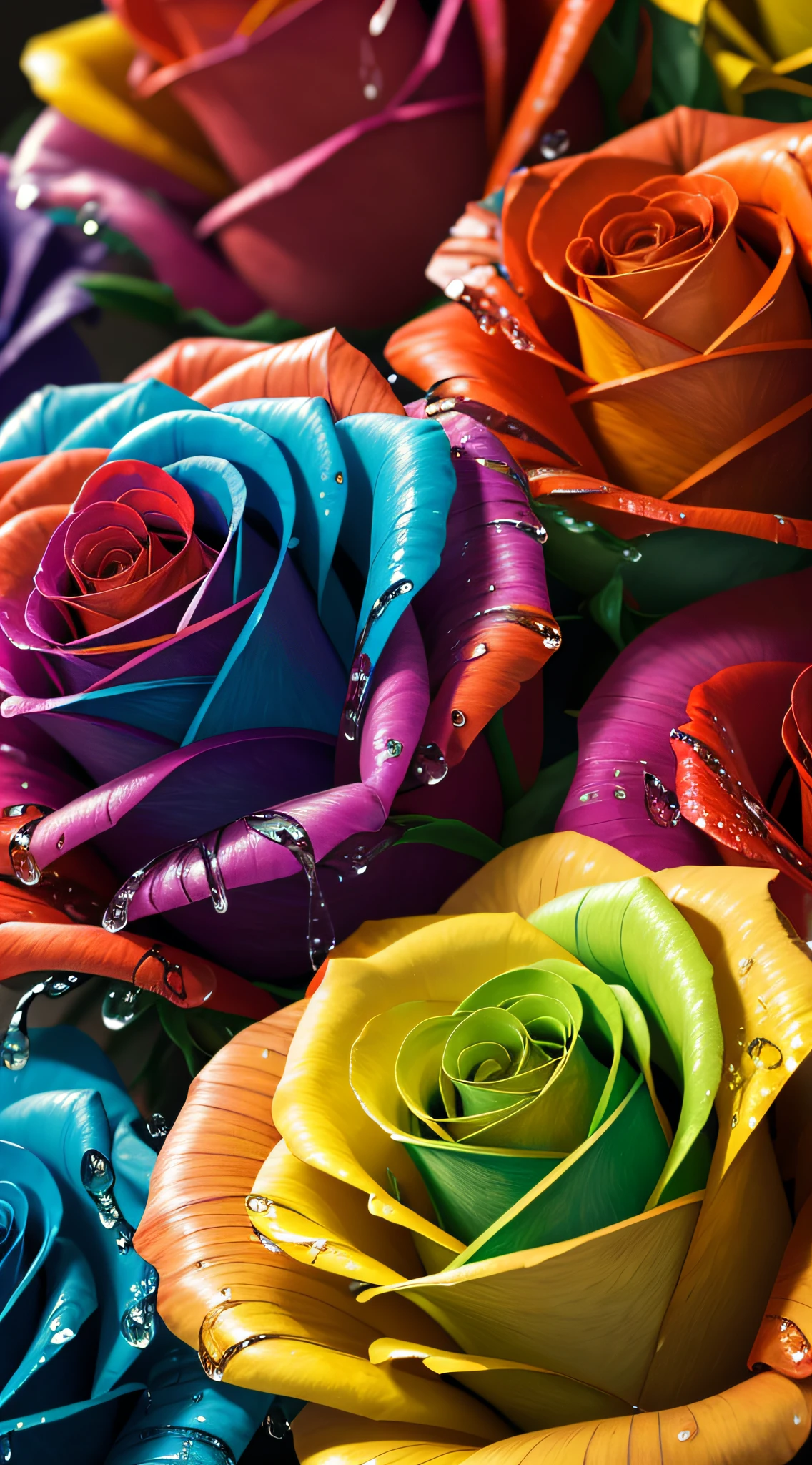 Macro 4K,Multicolored roses,water dripping