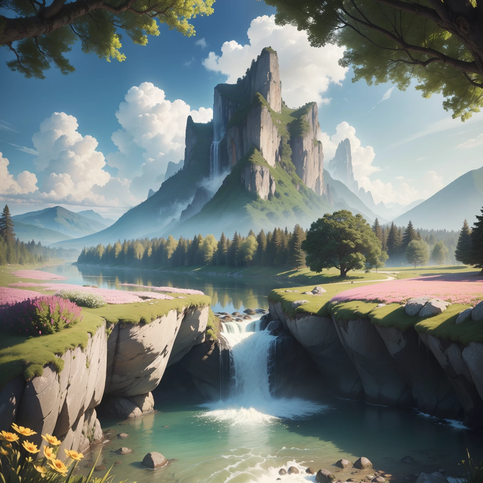 (best quality,4k,8k,highres,masterpiece:1.2),vibrant summer landscape,scenic nature beauty,filled with lush greenery and colorful flowers,sunlit meadows,gentle breeze rustling through the trees,crystal clear river flowing peacefully,azure sky with fluffy clouds,distant mountains towering in the horizon,breathtaking view in every direction,tranquil and serene atmosphere,photorealistic rendering that captures every detail,immersive colors and textures,hdr lighting that accentuates the natural beauty of the scene