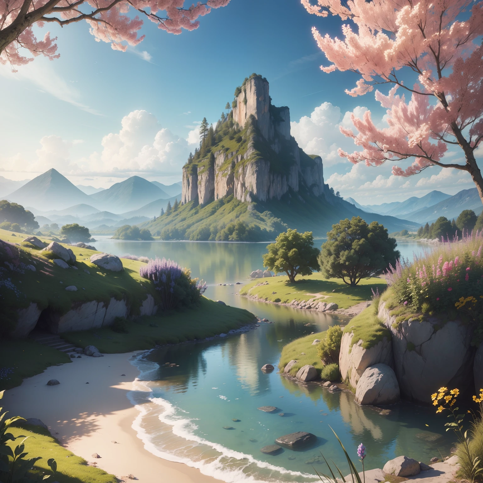 (best quality,4k,8k,highres,masterpiece:1.2),vibrant summer landscape,scenic nature beauty,filled with lush greenery and colorful flowers,sunlit meadows,gentle breeze rustling through the trees,crystal clear river flowing peacefully,azure sky with fluffy clouds,distant mountains towering in the horizon,breathtaking view in every direction,tranquil and serene atmosphere,photorealistic rendering that captures every detail,immersive colors and textures,hdr lighting that accentuates the natural beauty of the scene
