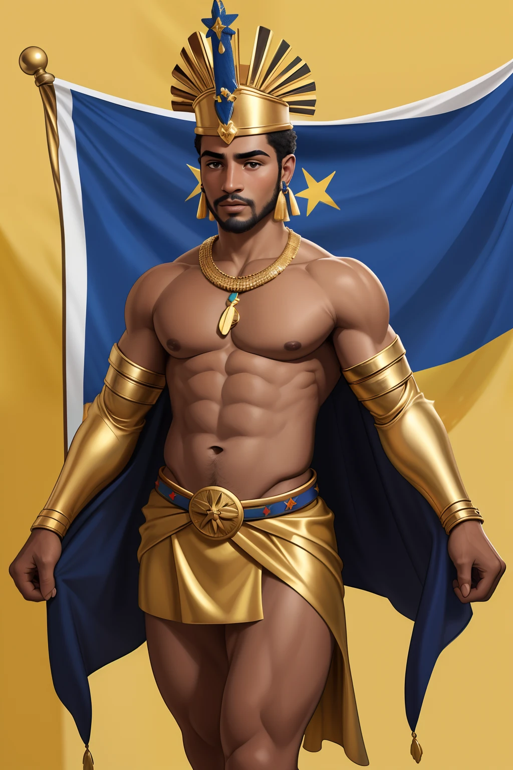 Flag Cores : The route follows the nuclei of the flag of Cape Verde. The top is deep blue, simbolizando o oceano que cerca as ilhas. The chest and the central part are white, representing the peace and unity of the Cape Verdean people. The sleeves and legs are red, denoting the determination and spirit of the country.
10 Estrelas Douradas : Ten gold stars are prominently arranged at the top of the costume, ao longo do peito e ombros, representando as 10 principais ilhas de Cabo Verde. Each star is carefully detailed and shines brightly against the background
Star Belt : Um cinto largo, also golden, is used in the c
Tribal Details : The costume incorporates discreet tribal elements into its design, referencing Cape Verde's cultural heritage and Amílcar Cabral's role in the struggle for independence.
