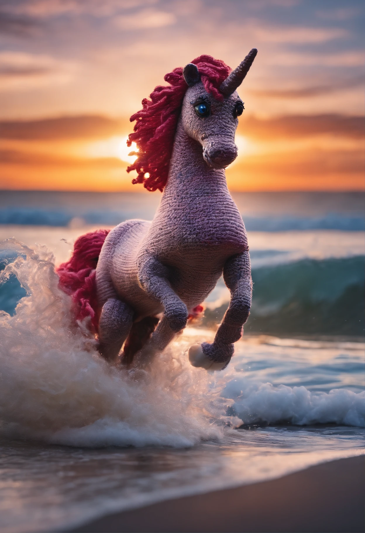 A knitted unicorn riding a wave at sunset