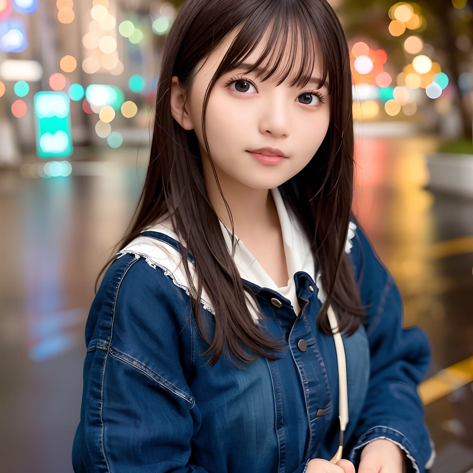 (Skin blemishes:1.2), (a sailor suit), Black eye, 1womanl, 25-years old, (((femele))), 独奏, realisitic, Top image quality, Photorealsitic, masterpiece, 8K, hight resolution, 独奏, extra detailed face, (profetional lighting, bokeh dof), (light particules, lensflare, Luminous particles:0.6), (dynamicposes:1.2), Soft lighting, Top Angle View, Fashionable and trendy atmosphere, jpn, (a street:1), TOKYOcty, (城市), a river, ((during night)), Skysky, ((Look at viewers:1)), (looking in camera)、(portlate:0.6)、cowboy shot、a gorgeous、Walking、Keep the original facial proportions、broad shoulder、full body Esbian、(medium breasts)、(length hair)、brown haired、Floating hair、s lips、lipsticks、seducting smile、Floating hair、A smile、Open_Mouth、tusk、Eye Ring、parka、hoods、(校服:1)、jaket、food、Mole、(Mole under the eyes:1)、