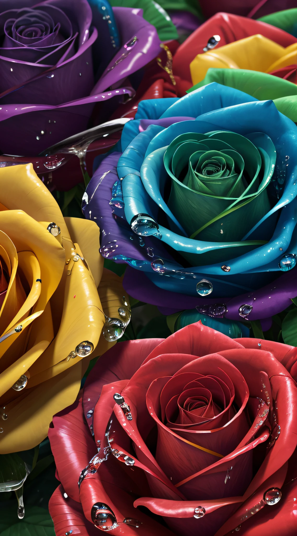 Macro 4K，Multicolored roses，water dripping