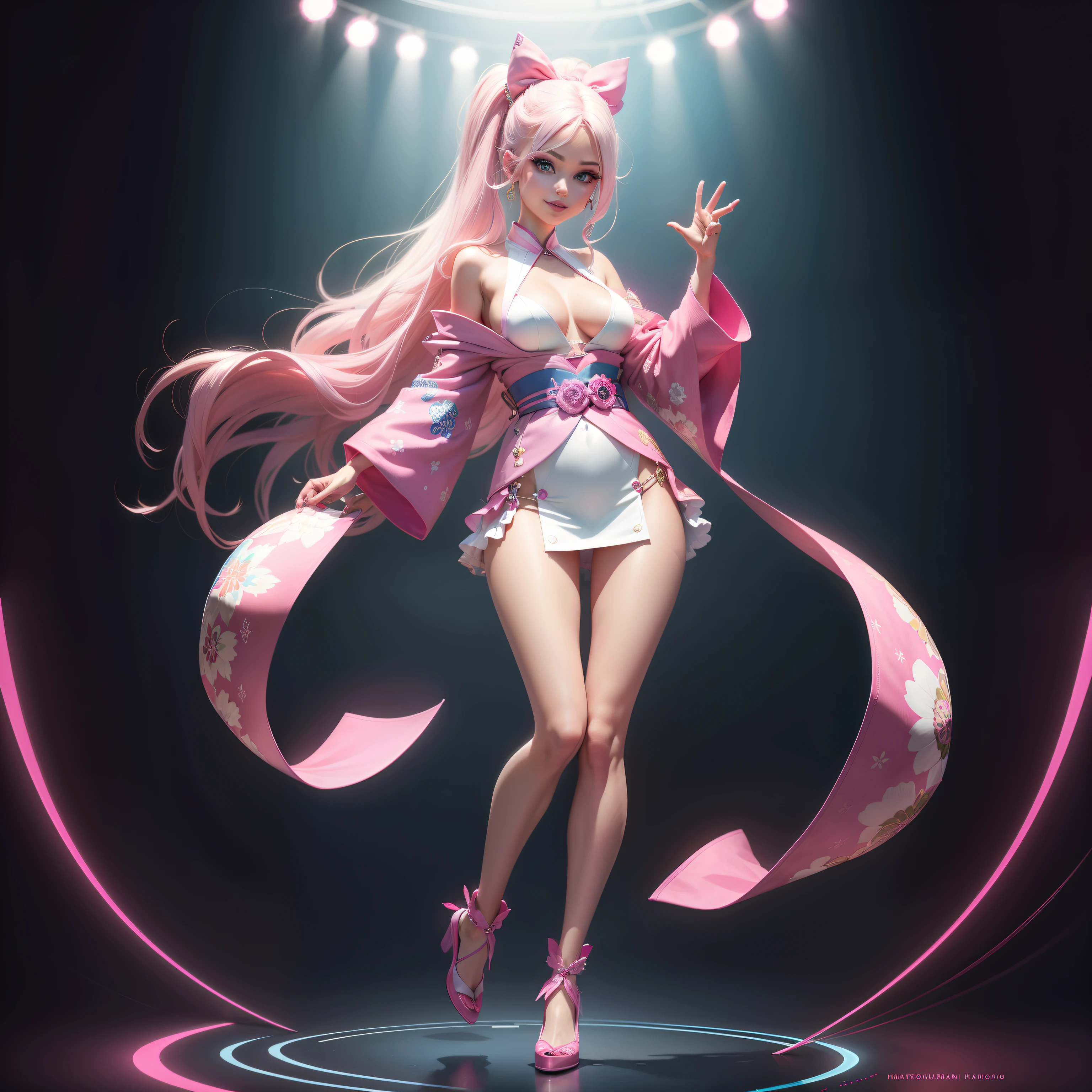 One Barbie, ((Full body)), Blue eyes, Smiling face, Hair loss swaying in the wind, Hip Hop Singer Pose, Dressed in hip-hop style, Wearing a pink kimono that reflects light,swarovski,pasties,With a pink bow on the arm, Fashion, Extremely high quality, high details, 8K, clean back ground, in studio, ((Full body shot)),Align your fingers neatly,Accurate Hand Modeling,wave her hand,