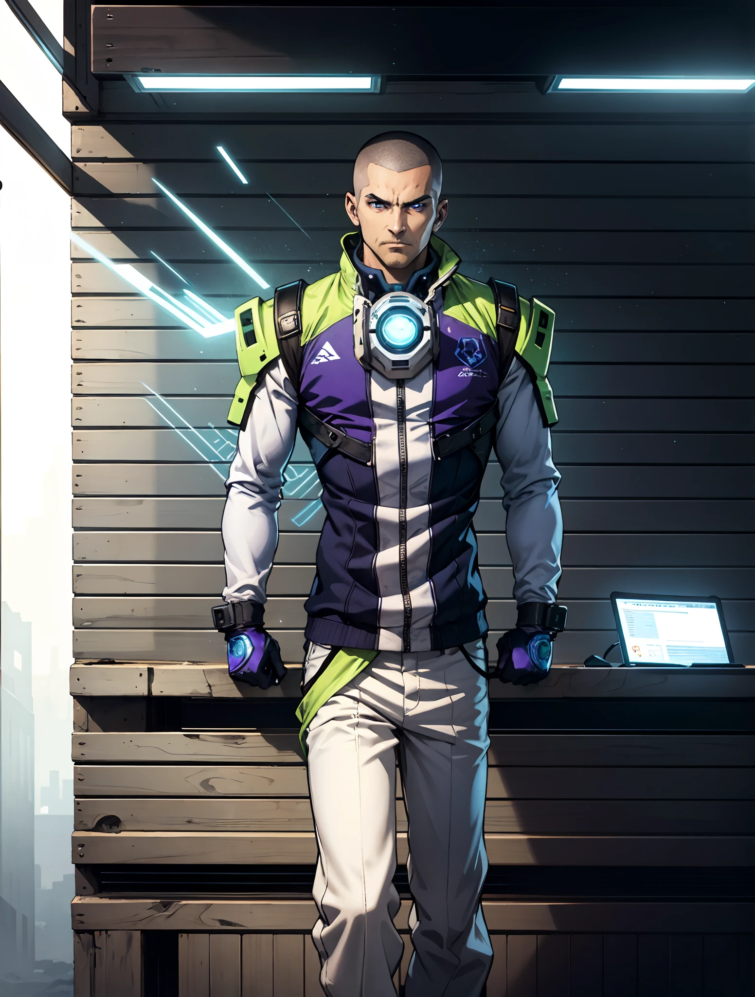 A man with a crew cut, a calm and rational expression, a wise gaze, wears a futuristic scientist's coat, primarily in shades of white, accented by touches of blue and purple, matching utility pants, standing in a mysterious laboratory of an ancient and advanced civilization, with a high-tech incubation tank emitting a faint glow in the background, this character embodies a finely crafted a futuristic sci-fi scientist in anime style, characterized by an exquisite and mature manga illustration art style, high definition, best quality, highres, ultra-detailed, ultra-fine painting, extremely delicate, professional, anatomically correct, symmetrical face, extremely detailed eyes and face, high quality eyes, creativity, RAW photo, UHD, 8k, Natural light, cinematic lighting, masterpiece:1.5