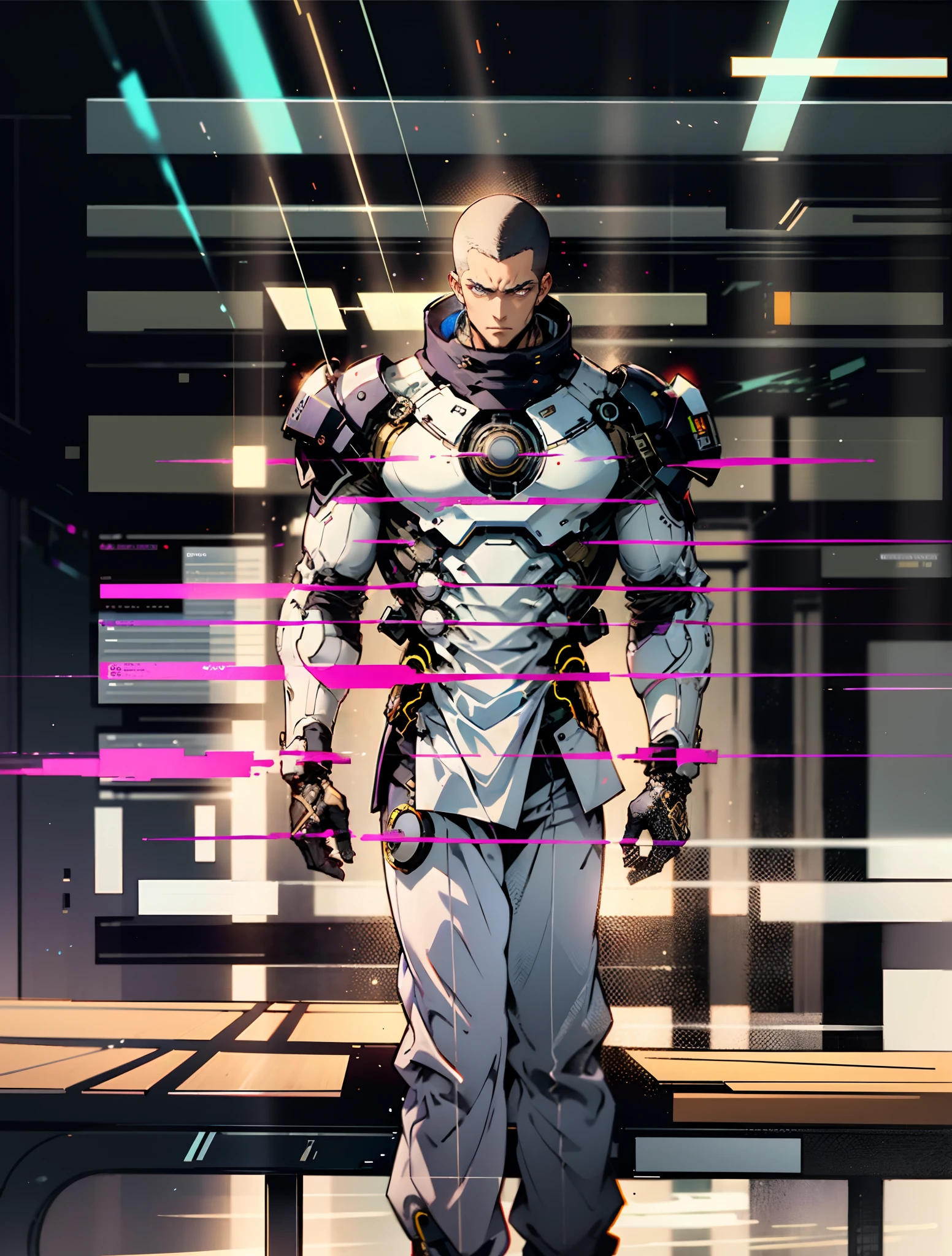 A man with a crew cut, a calm and rational expression, a wise gaze, wears a futuristic scientist's coat, primarily in shades of white, accented by touches of blue and purple, matching utility pants, standing in a mysterious laboratory of an ancient and advanced civilization, with a high-tech incubation tank emitting a faint glow in the background, this character embodies a finely crafted a futuristic sci-fi scientist in anime style, characterized by an exquisite and mature manga illustration art style, high definition, best quality, highres, ultra-detailed, ultra-fine painting, extremely delicate, professional, anatomically correct, symmetrical face, extremely detailed eyes and face, high quality eyes, creativity, RAW photo, UHD, 8k, Natural light, cinematic lighting, masterpiece:1.5