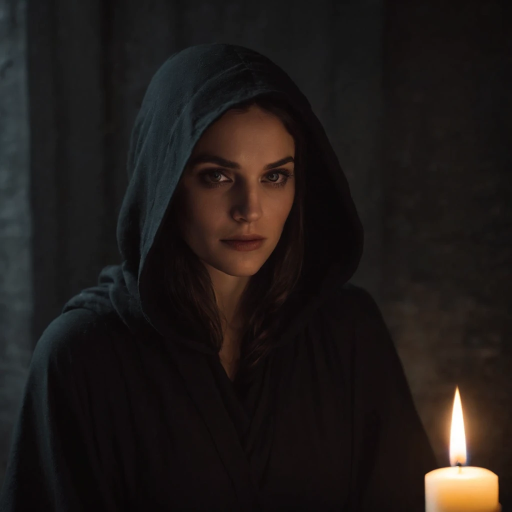 (a person wearing a black robe with a hood,shadows hiding entire face,a wax candle),(best quality,highres,gloomy,horror,satanic,dark color scheme),dimly lit background,gloomy atmosphere,flickering candle light,creepy vibes,detailed robe texture,dark and mysterious,haunting shadows,spooky aura,sinister expression in the eyes,subtle glow on the candle flame