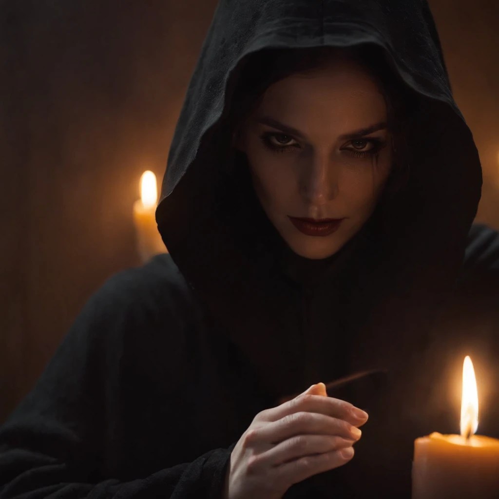 (a person wearing a black robe with a hood,shadows hiding entire face,a wax candle),(best quality,highres,gloomy,horror,satanic,dark color scheme),dimly lit background,gloomy atmosphere,flickering candle light,creepy vibes,detailed robe texture,dark and mysterious,haunting shadows,spooky aura,sinister expression in the eyes,subtle glow on the candle flame