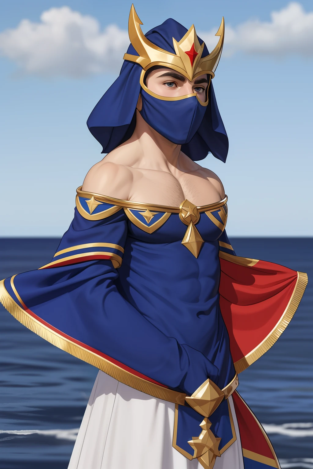 The costume is predominantly composed of three cores of the flag of Cape Verde: azul, branco e vermelho. The top is deep blue, representando o oceano que rodeia as ilhas. The chest and abdomen are white, simbolizando a paz e a unidade do povo cabo-verdiano. The sleeves and legs of the path are red, denoting the determination and spirit of the country.

10 Estrelas Brilhantes : Dez estrelas douradas adornam a parte superior do traje, Following

Star Belt : The hero wears a wide belt, also in gold color, with small stars in relevance along

Hero Mask : The hero's face is partially covered by a mask that follows the same pattern as the flag's cores. The mask has stylized details reminiscent of the waves of the sea and is functional for