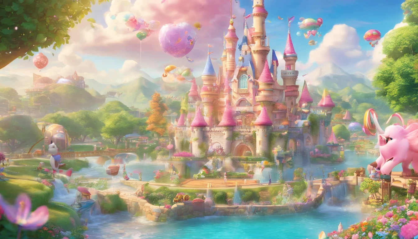 (cute:1.1,pink:1.1,aesthetic:1.2),whimsical fantasy land,large, [pastel colors], [soft lighting], [dreamy atmosphere], [fluffy clouds], [colorful balloons], [sparkling stars], [lush greenery], [giant mushrooms], [rolling hills], [butterflies], [bunny rabbits], [giggling fairies], [flowing waterfalls], [glimmering rainbow], [giggling girls], [gazing at the sunset], [twinkling lights], [delicate flowers], [enchanted castle], [magical creatures], [laughing unicorns], [singing birds], [dancing elephants], [fancy tea party], [candy-filled sky], [floating bubbles], [delicious sweets], [playful kittens], [whispering trees], [magical swings], [sentimental hidden spots], [giant lollipops], [giggling fountains], (realistic,photorealistic:1.37), (best quality,4k,8k,highres,masterpiece:1.2)