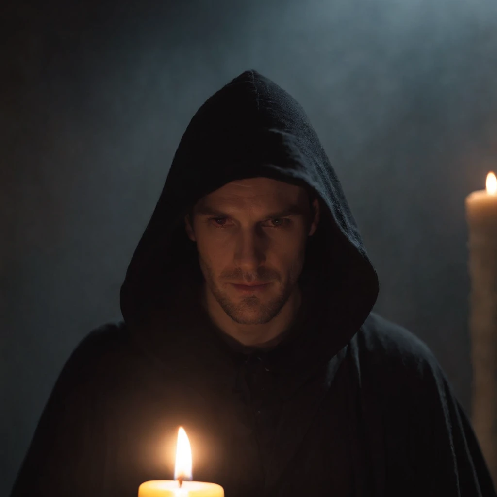 (a man wearing a black robe with a hood,shadows hiding entire face,a wax candle),(best quality,highres,gloomy,horror,satanic,dark color scheme),dimly lit background,gloomy atmosphere,flickering candle light,creepy vibes,detailed robe texture,dark and mysterious,haunting shadows,spooky aura,sinister expression in the eyes,subtle glow on the candle flame, cinematic camera angle