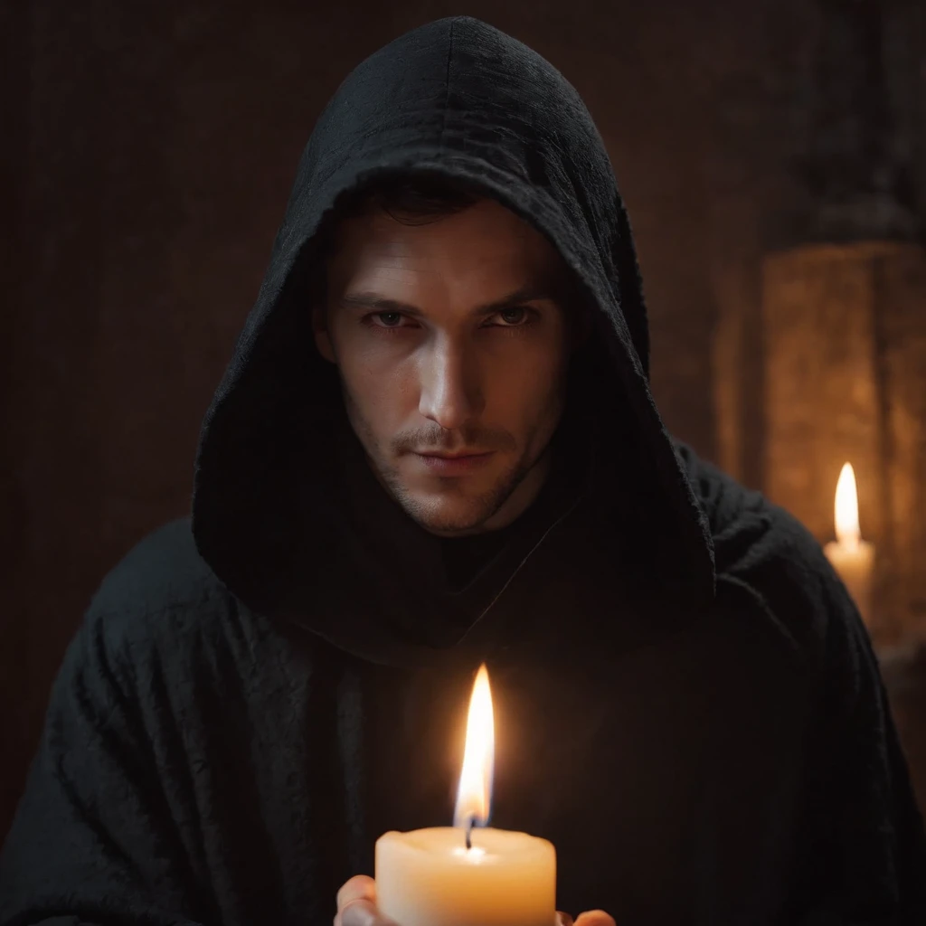 (a man wearing a black robe with a hood,shadows hiding entire face,a wax candle),(best quality,highres,gloomy,horror,satanic,dark color scheme),dimly lit background,gloomy atmosphere,flickering candle light,creepy vibes,detailed robe texture,dark and mysterious,haunting shadows,spooky aura,sinister expression in the eyes,subtle glow on the candle flame, cinematic camera angle