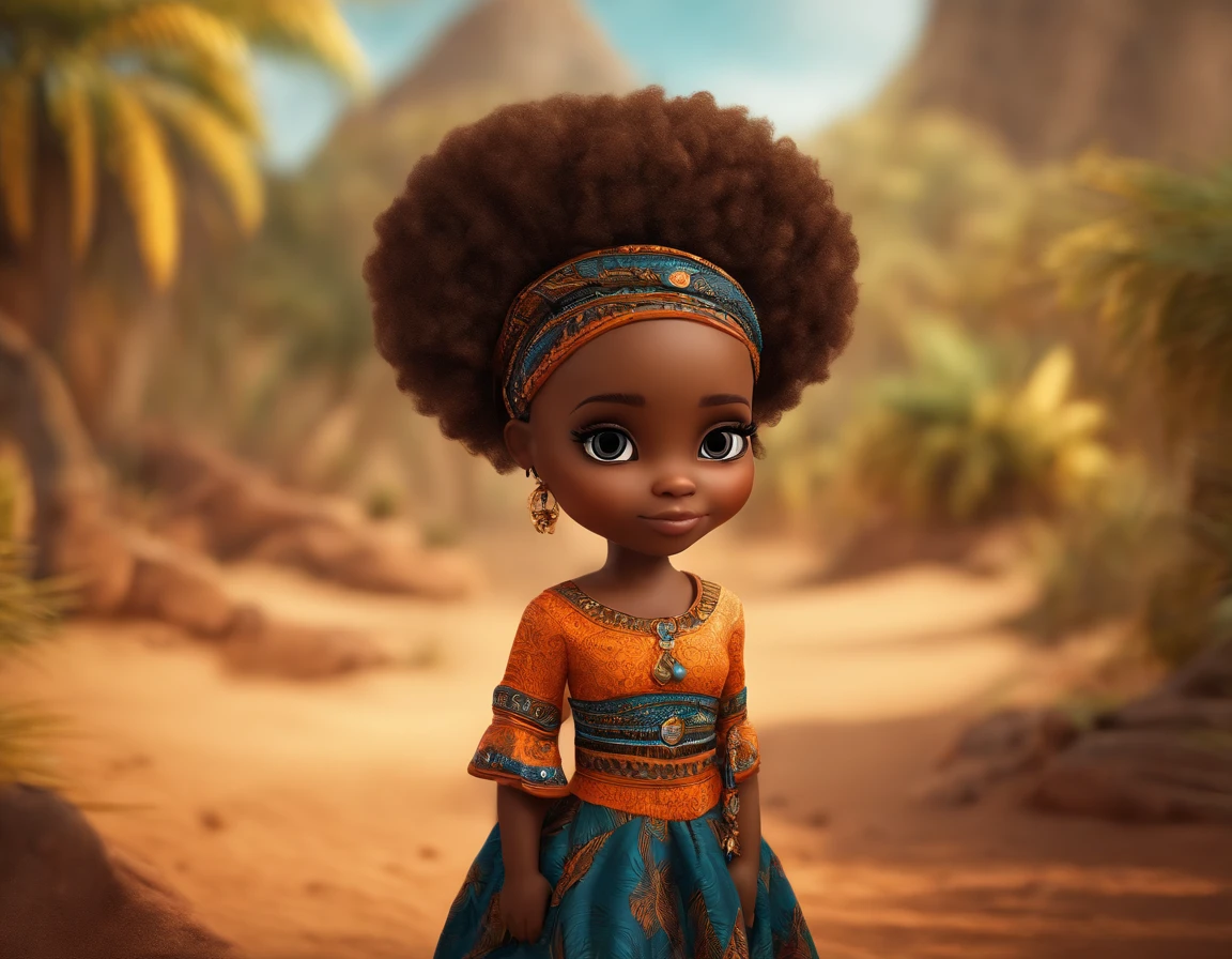 africana, cabelo cacheado, chibi, corpo inteiro, olhos grandes e castanhos, sentada, Background Silica Color, com vestido laranja, bespectacled, imagem 3d