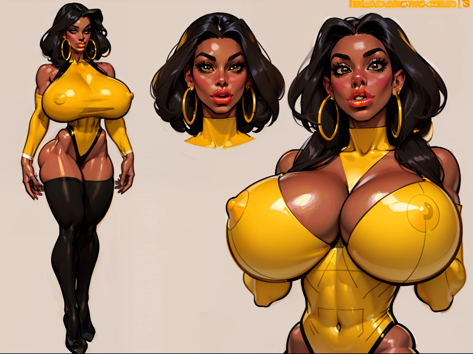 ((masterpiece)),(((best quality))),((character sheet)), ((full body view)) ((black woman)) ((afro combed to sides)) ((seductive pose)) face, defined cheekbones, high cheekbones, illustration, girl, muscular, ((afro:1.4)), sexy bo, (gic breasts:1.7) bir, ((detailed face:1.4)) beautiful woman, (yellow leotard:1.4), (gold hoop earrings:1.6), (thighhighs:1.4) (yellow lips:1.6) ny skin, scribbles and marks,(puffy lips:1.5) , rough skes, 8k,16k, (simple background, white background: 1.3), yellow and black color palette, brown legs, orange arms, (black skin:1.7)