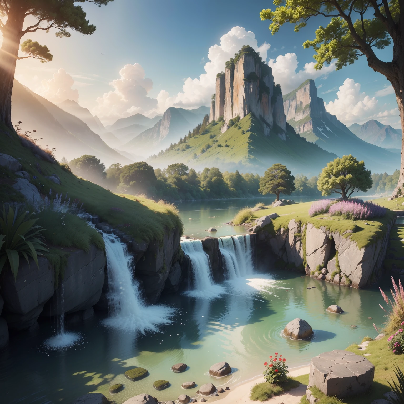 (best quality,4k,8k,highres,masterpiece:1.2),vibrant summer landscape,scenic nature beauty,filled with lush greenery and colorful flowers,sunlit meadows,gentle breeze rustling through the trees,crystal clear river flowing peacefully,azure sky with fluffy clouds,distant mountains towering in the horizon,breathtaking view in every direction,tranquil and serene atmosphere,photorealistic rendering that captures every detail,immersive colors and textures,hdr lighting that accentuates the natural beauty of the scene