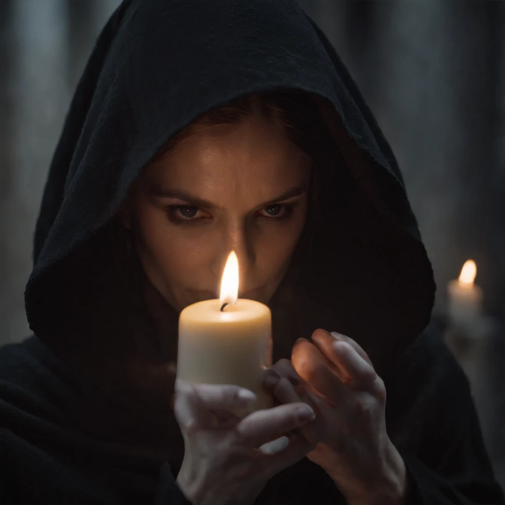 create me an image of a person wearing a black robe with a hood and shadows covering face who is also holding a wax candle, high res, gloomy, horror, satanic, dark color scheme