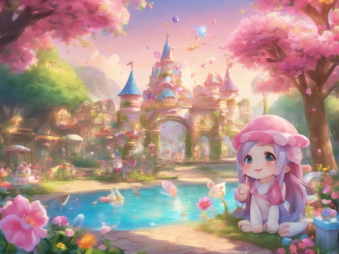 (cute:1.1,pink:1.1,aesthetic:1.2),whimsical fantasy land,large, [pastel colors], [soft lighting], [dreamy atmosphere], [fluffy clouds], [colorful balloons], [sparkling stars], [lush greenery], [giant mushrooms], [rolling hills], [butterflies], [bunny rabbits], [giggling fairies], [flowing waterfalls], [glimmering rainbow], [giggling girls], [gazing at the sunset], [twinkling lights], [delicate flowers], [enchanted castle], [magical creatures], [laughing unicorns], [singing birds], [dancing elephants], [fancy tea party], [candy-filled sky], [floating bubbles], [delicious sweets], [playful kittens], [whispering trees], [magical swings], [sentimental hidden spots], [giant lollipops], [giggling fountains], (realistic,photorealistic:1.37), (best quality,4k,8k,highres,masterpiece:1.2)