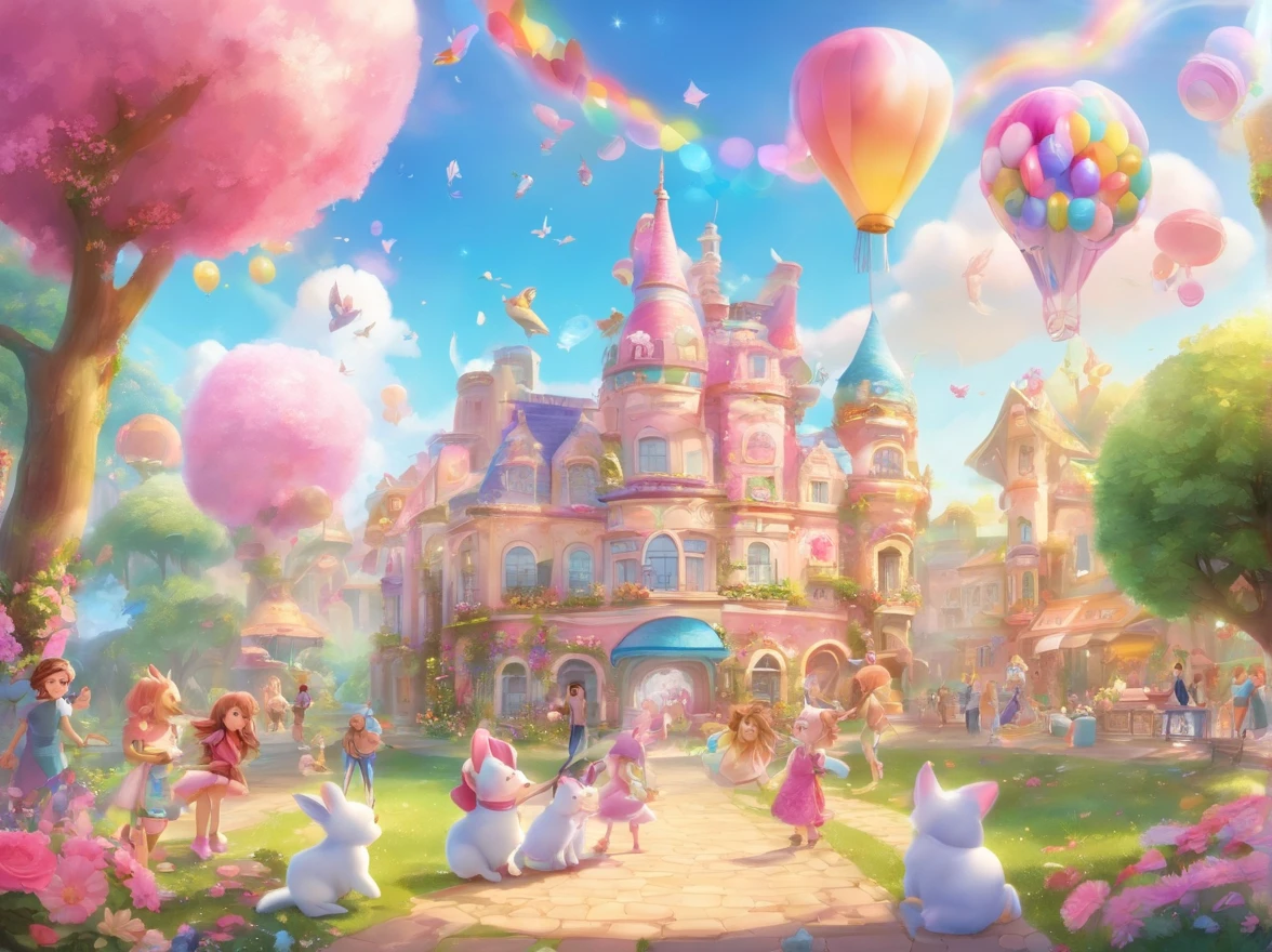 (cute:1.1,pink:1.1,aesthetic:1.2),whimsical fantasy land,large, [pastel colors], [soft lighting], [dreamy atmosphere], [fluffy clouds], [colorful balloons], [sparkling stars], [lush greenery], [giant mushrooms], [rolling hills], [butterflies], [bunny rabbits], [giggling fairies], [flowing waterfalls], [glimmering rainbow], [giggling girls], [gazing at the sunset], [twinkling lights], [delicate flowers], [enchanted castle], [magical creatures], [laughing unicorns], [singing birds], [dancing elephants], [fancy tea party], [candy-filled sky], [floating bubbles], [delicious sweets], [playful kittens], [whispering trees], [magical swings], [sentimental hidden spots], [giant lollipops], [giggling fountains], (realistic,photorealistic:1.37), (best quality,4k,8k,highres,masterpiece:1.2)